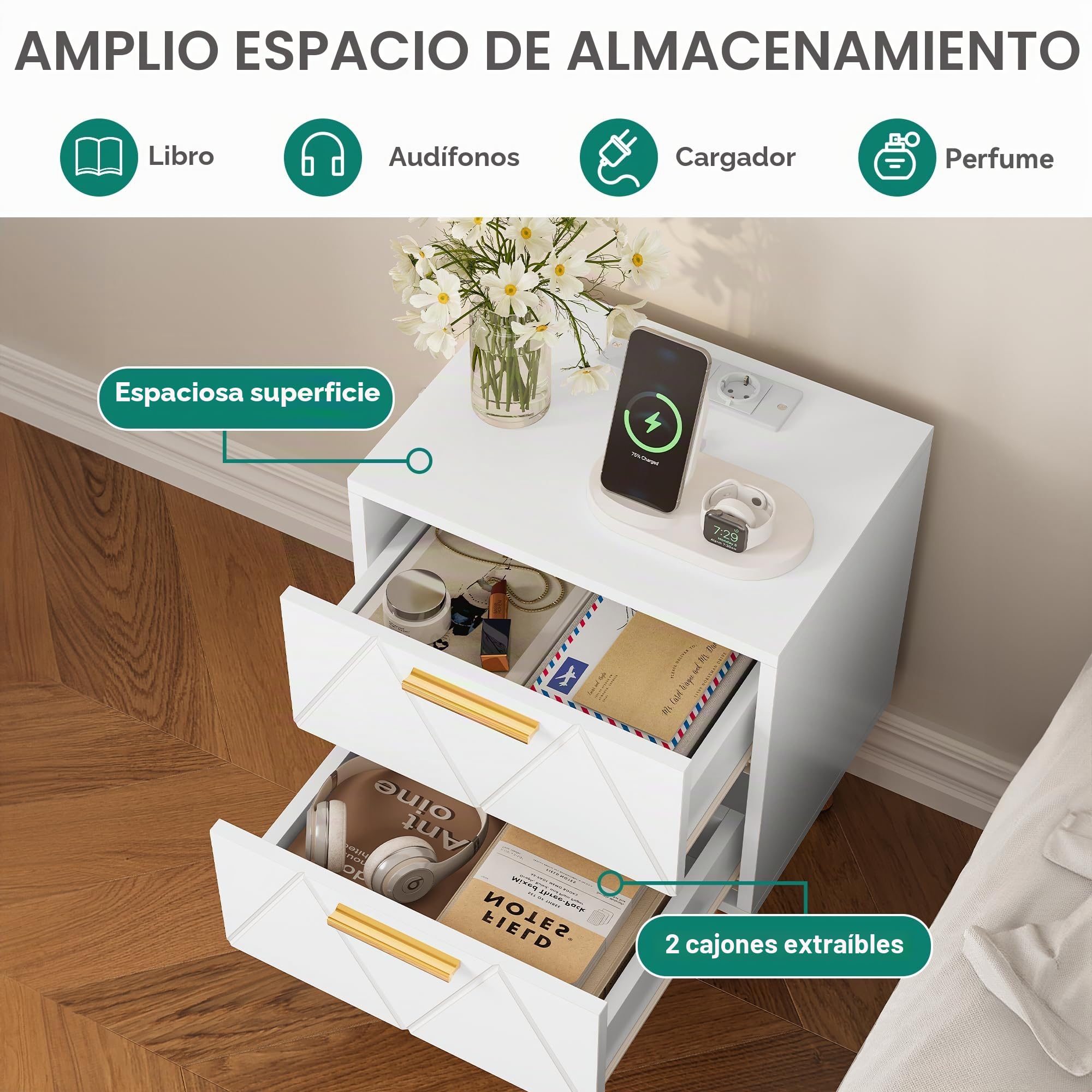 YITAHOME Mesita de Noche con 2 Cajones, 2 Puertos USB y 2 Tomas de Corriente, Mesa Auxiliar con Patas y Asas de Metal Dorado, Mesa Auxiliar para Salón, Dormitorio, 40 x 30 x 52 cm, Blanco
