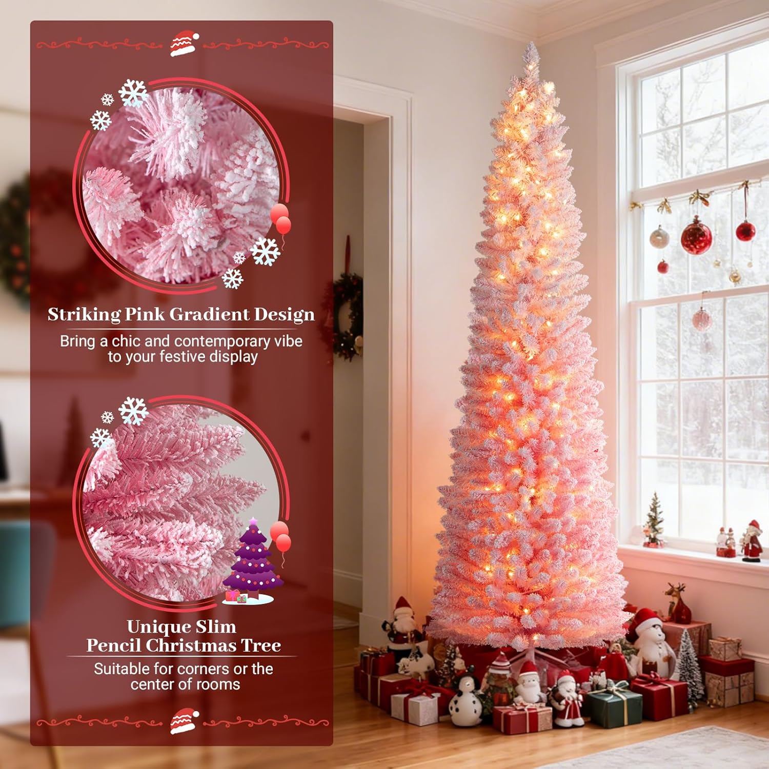 Goplus 7ft Pink Slim Pencil Christmas Tree, Pre-lit Snow Flocked Artificial Skinny Xmas Tree with 180 Warm White LED Lights, 8 Lighting Modes, 527 Branch Tips & Metal Stand, Home Office Decoration