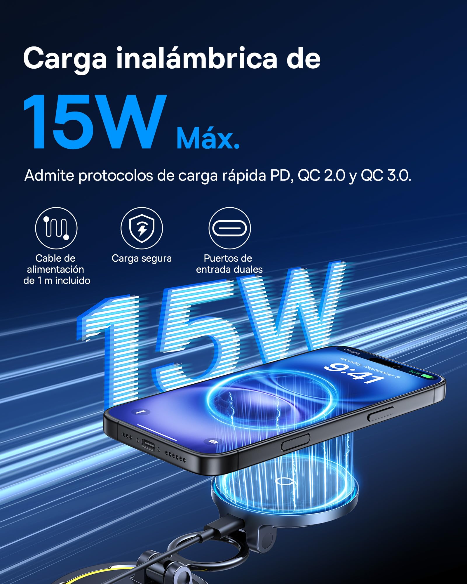 Baseus VC2 Flex Pro 15W Cargador Inalámbrico Coche, Soporte Teléfono Móvil para Coche con Función de Carga, Flexibilidad de 720°, Sujeción Magnética de 35N para iPhone 17-12 Serie, Samsung