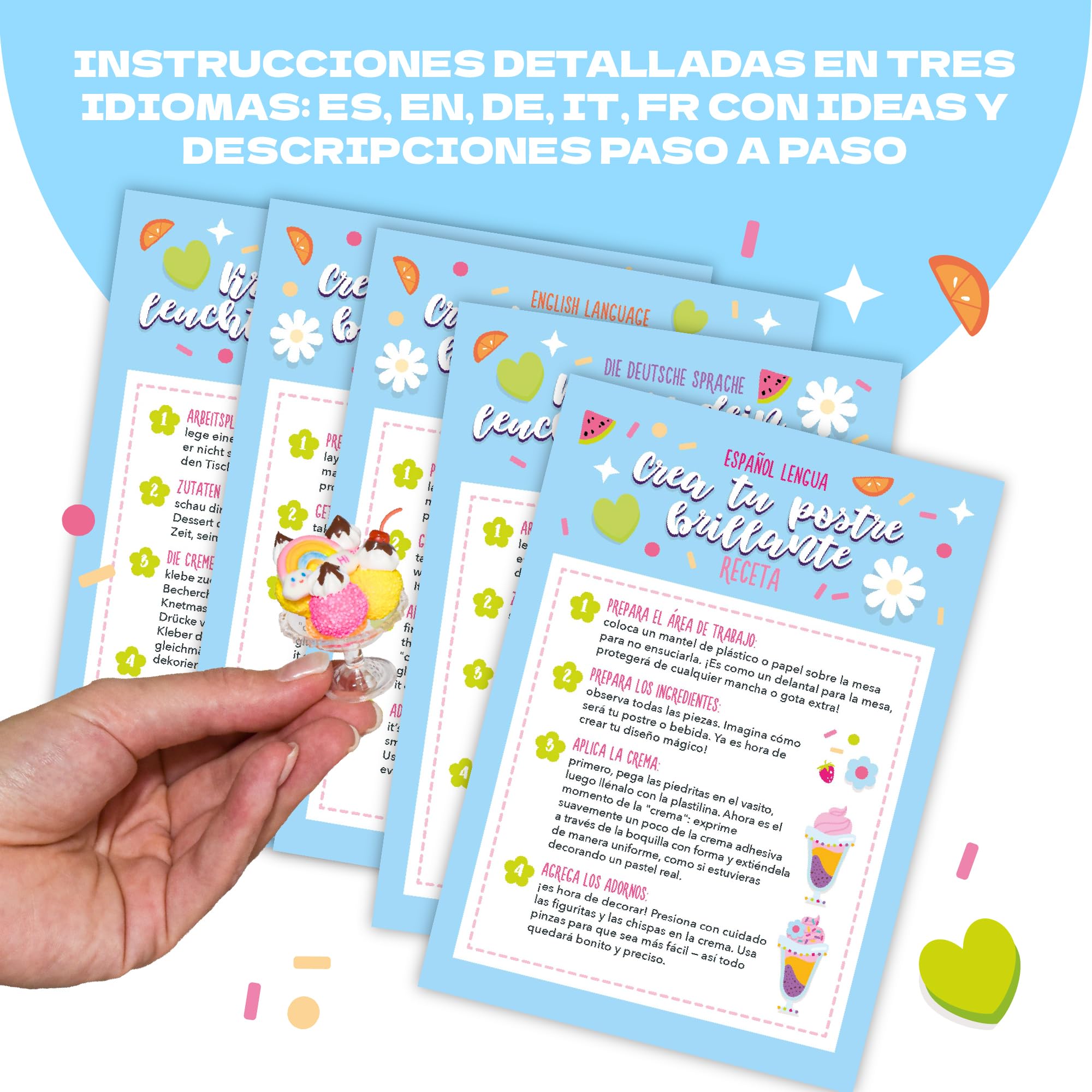 CRAFTY CATS Kit de manualidades Fiesta de Postres 115 piezas Arcilla al aire, perlas, pegamento crema con boquillas Set creativo DIY, cumpleanos y regalo, para ninos 6+