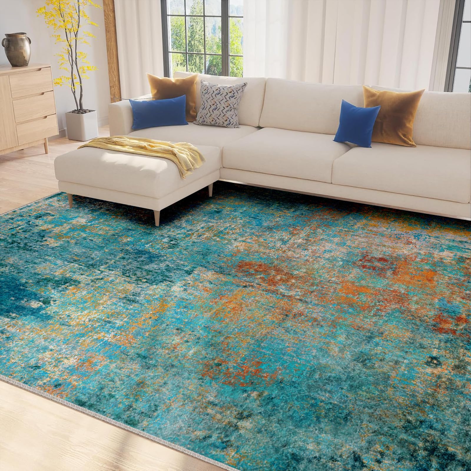 RELEANYWashable Area Rugs 8'x10' Non-Slip Modern Abstract Soft for Living Room Entryway Bedroom, Print Pattern, Teal Blue Green Orange Rust Red Coloreful