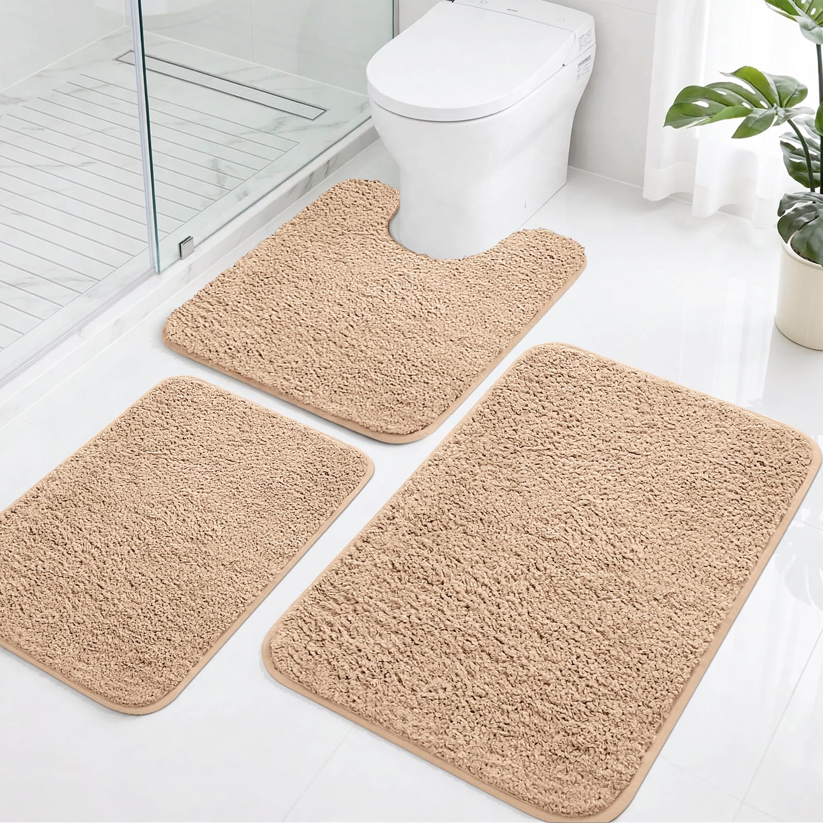 LUSCHEER 3 Piece Bath Mat Set, Shaggy Microfiber Bathroom Mats, Camel