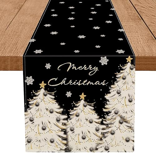 Miniatura 8 de Camino de mesa de Navidad, árbol dorado, estrella, copo de nieve, negro, feliz Navidad, 13 x 72 pulgadas de largo, para invierno, vacaciones, hogar,