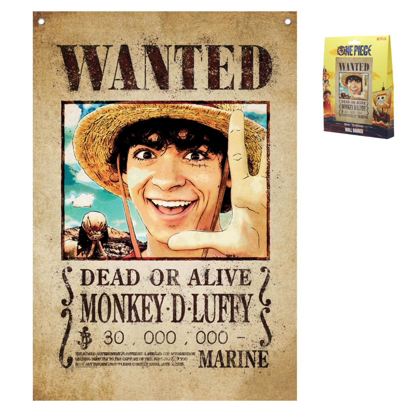 One Piece Wanted Poster Wall Banner – Officially Licensed Large Anime Decor, 125 x 85cm, Metal Eyelets for Hanging