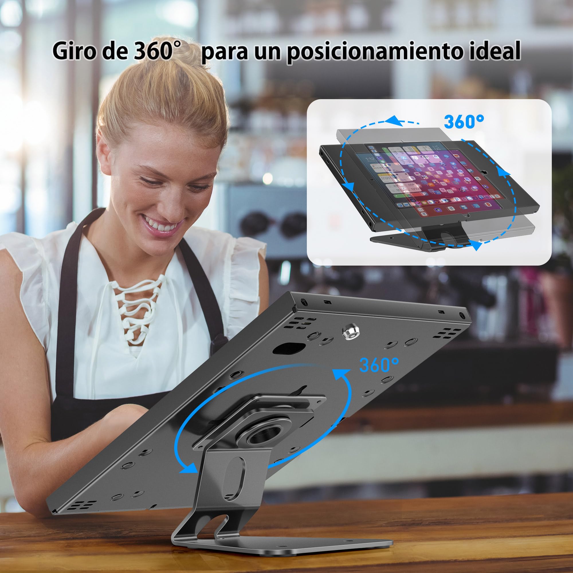 AboveTEK Soporte Antirrobo para iPad y Tablet con Cerradura, POS/TPV de Mostrador y Pared, Giro 360° y Ajuste de Ángulo, Base Metálica, Gestión de Cables – Modo Kiosco, Compatible con iPad (Air/Pro)