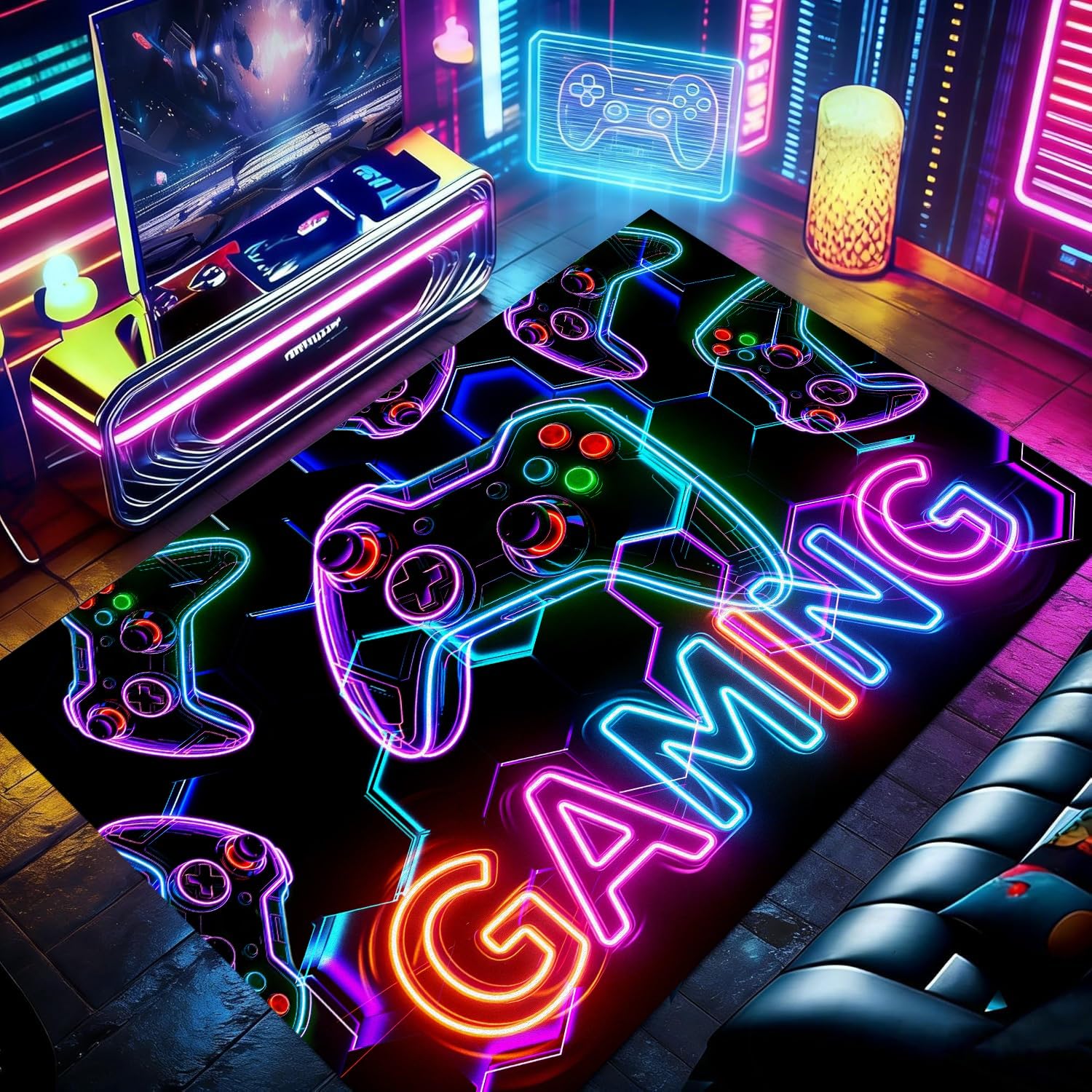 RICAUOU Gaming Area Rug, 60x90cm Cool Cartoon Gamer Neon Colored Controller Pattern Living Room Carpet Soft, Washable, Non-Slip Rugs for Boys' Bedrooms, Bedside, Game Room – Black