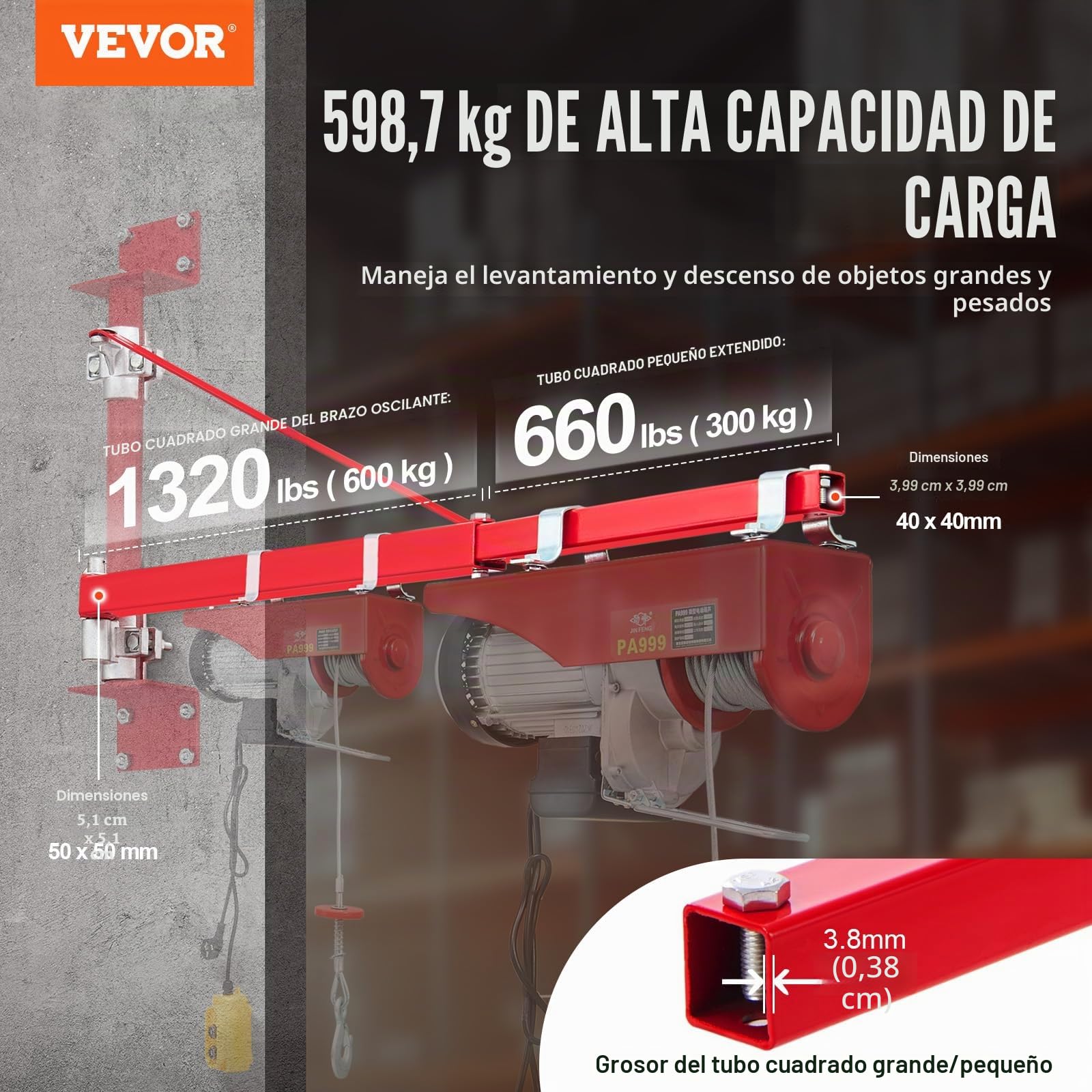 VEVOR Brazo de Soporte Polipasto Eléctrico Oscilante de Andamio, Capacidad Máxima de 600KG