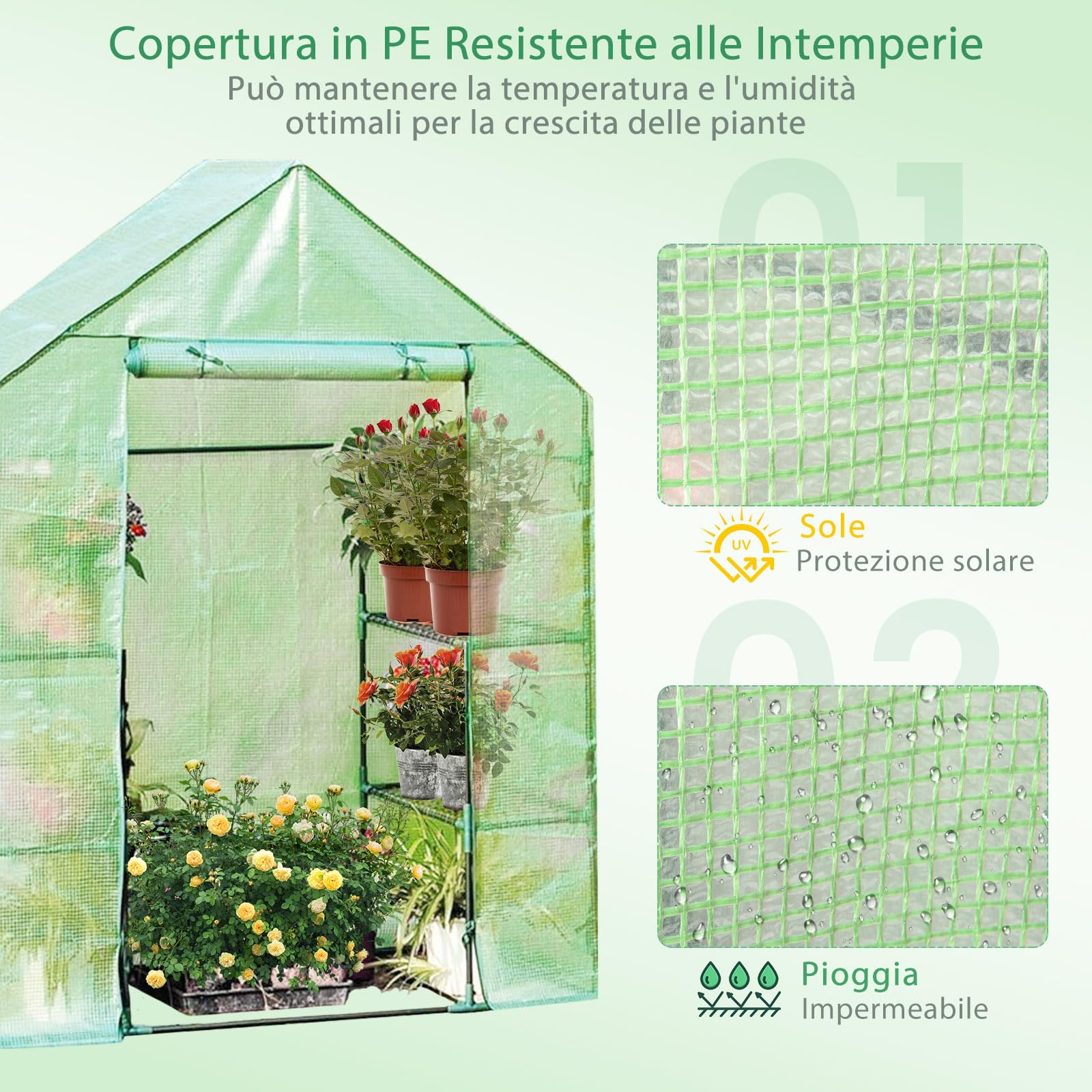 COSTWAY Serra da Giardino a 4 Livelli, Serra da Esterno per Orto e Piante con Telaio in Alluminio, Porta Avvolgibile e Telo, Serra Robusta per Balcone e Giardino, 143 x 73 x 195 cm, Verde
