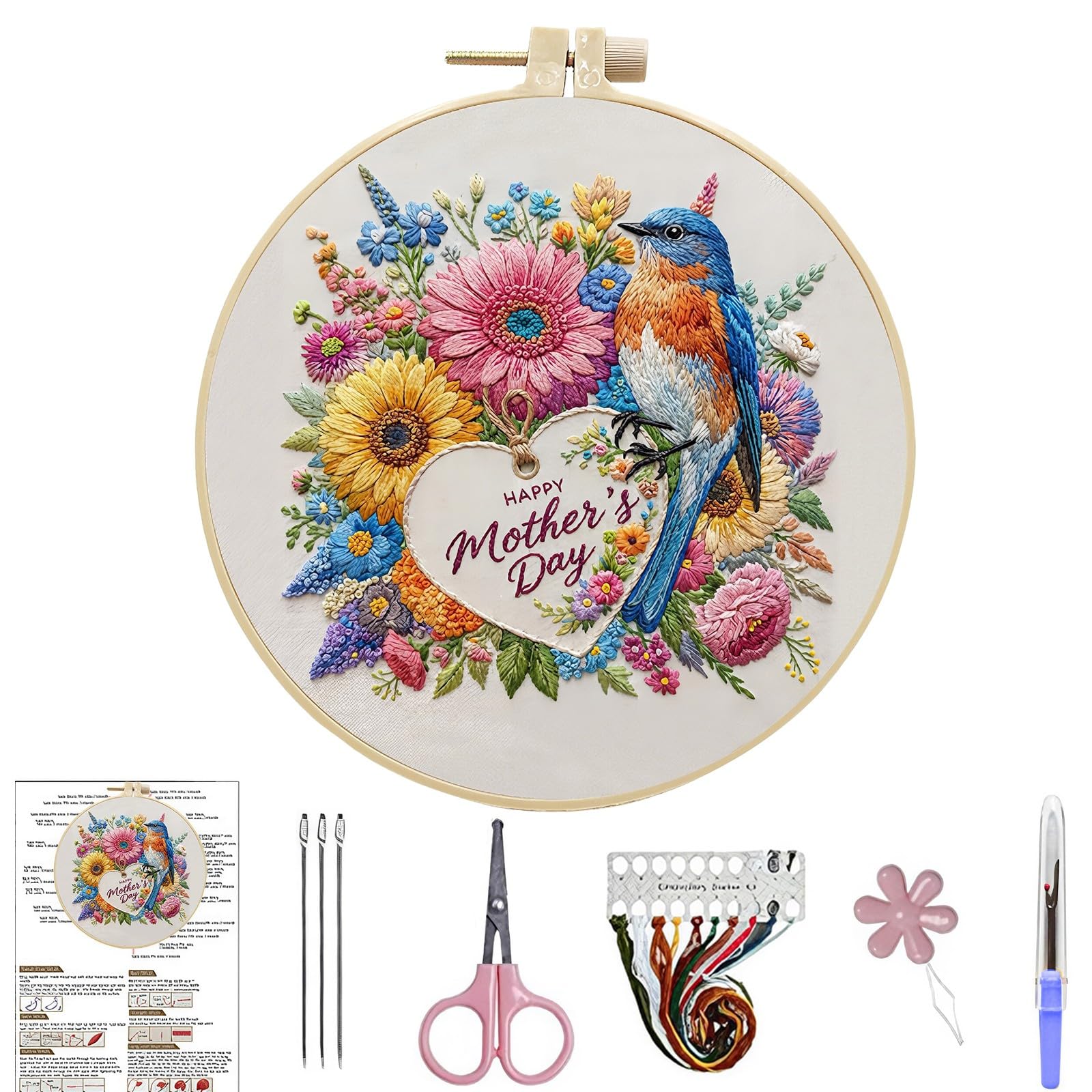 Lebartm Embroidery Kit for Beginners Mother's Day Cross Stitch Kits Needlepoint Set Embroidery Thread Kit for Craft Lover Hand Stitch with Threads 15cm Hoop Fabric-Bird