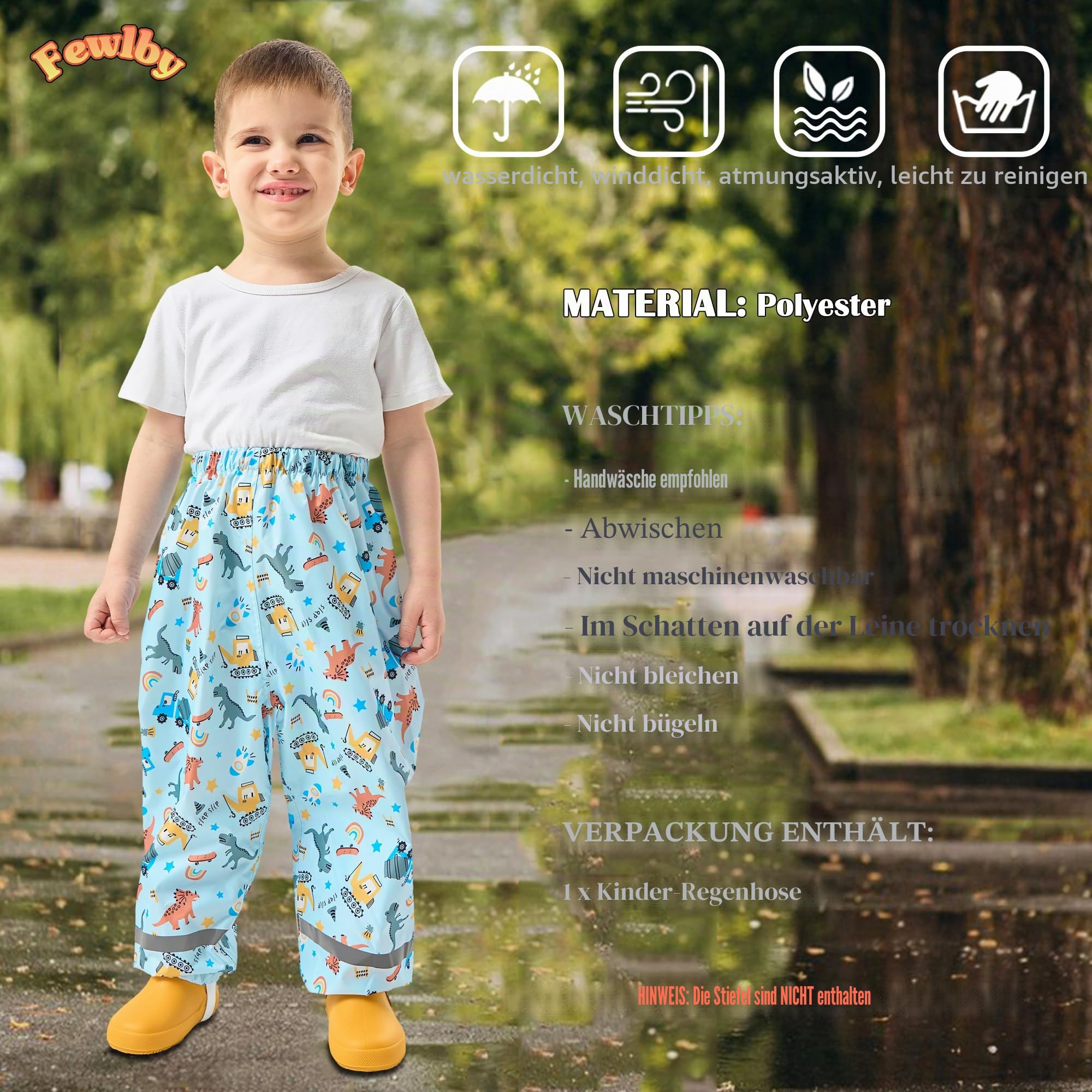 Fewlby Regenhose Kinder Matschhose Mädchen wasserdichte Hosen Jungen Wind- und wasserdichte Regenhosen mit Fußschlaufen Wiederverwendbar Outdoor Regenbekleidung für 1-11 Jahre