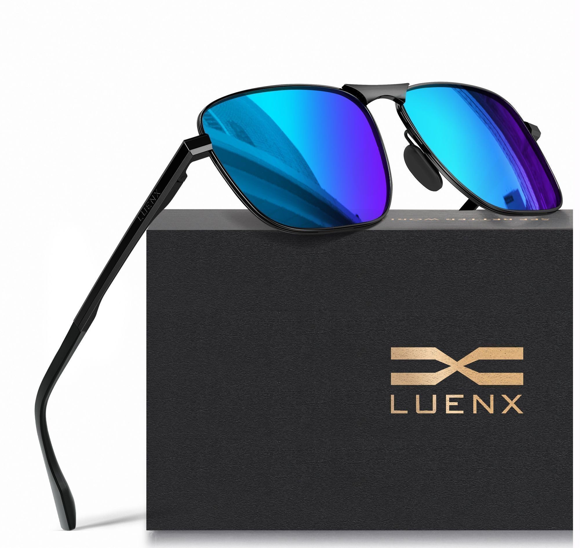 LUENX Rectangular Polarized Aviator Sunglasses for Men Retro Pilot Shades Driving UV400 Protection, Dark Blue/Black Frame, 59MM