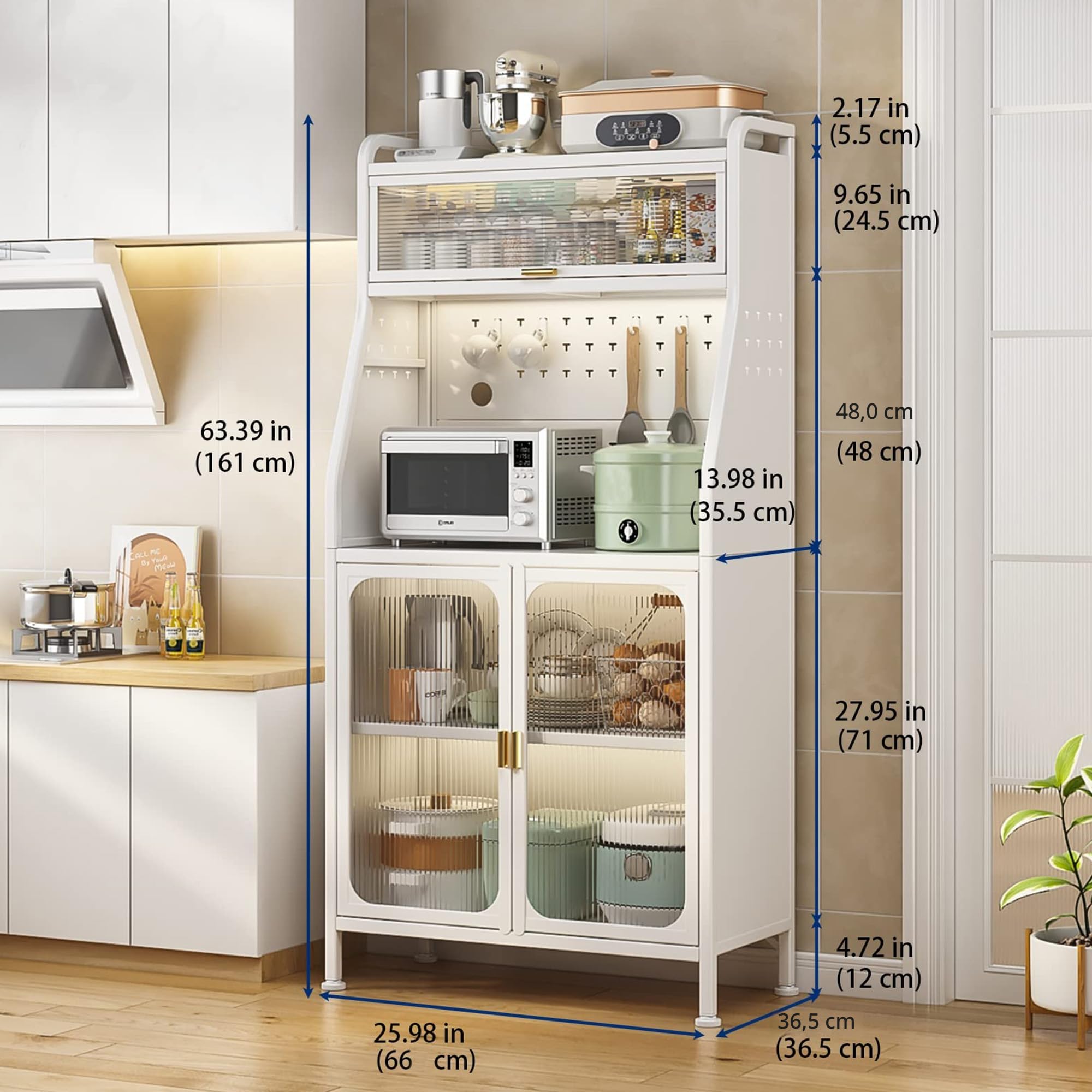 Fiutazge Largo 66 cm Credenza Cucina Alta con Ante in Acrilico,Mobile Cucina con Ripiani Regolabili,Ruote e Foro Passacavi,Credenza Soggiorno Montaggio Senza Attrezzi per Pranzo Ingresso-Bianco