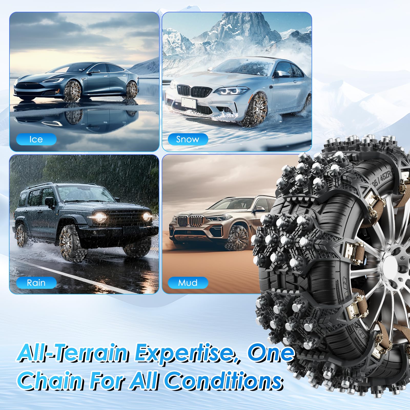 Cadenas de nieve universales para invierno, 8 unidades, 165 – 255 mm, ajustables, fáciles de montar, duraderas, para coche, camión, SUV, carretera, nieve, carreteras, carreteras, color negro
