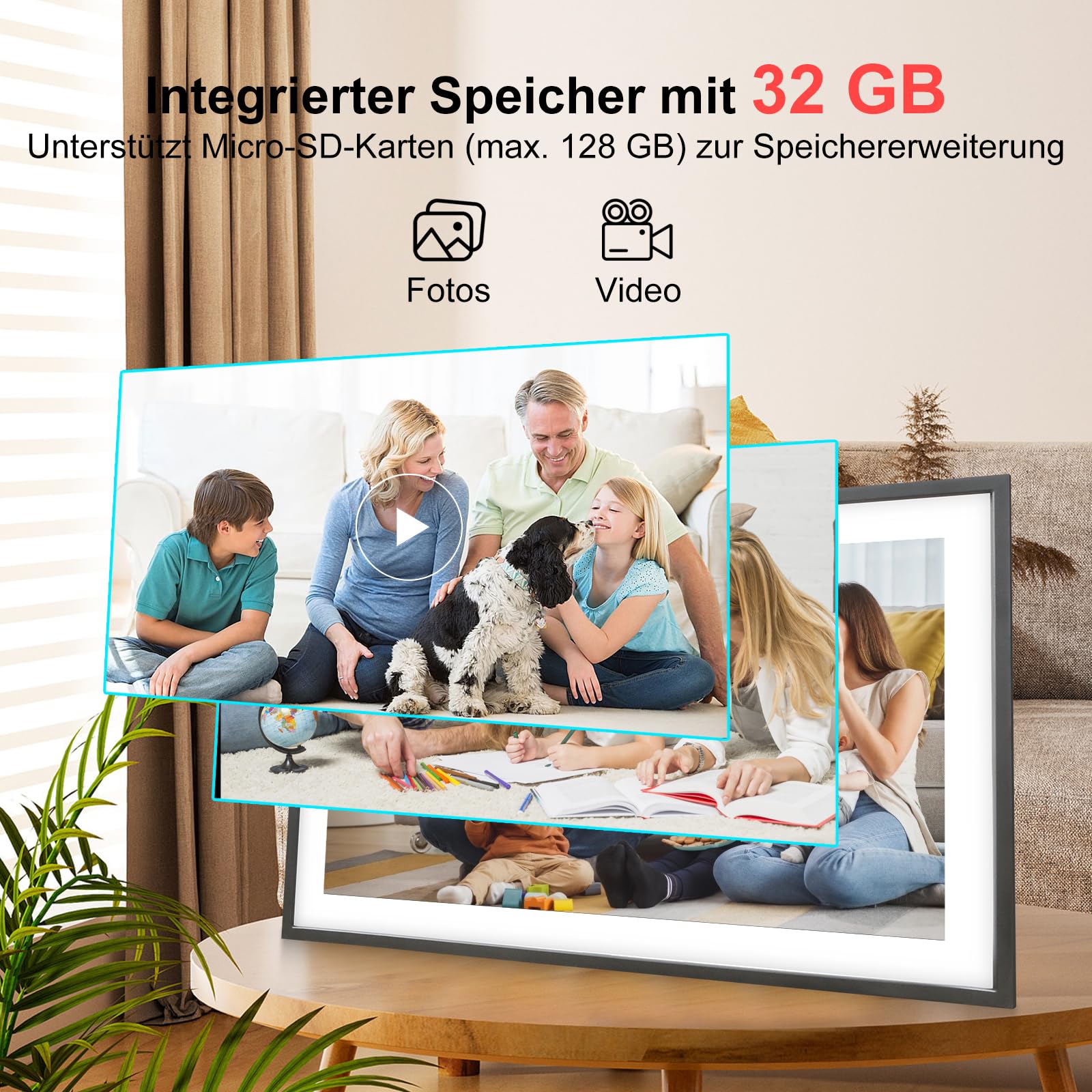 Digitaler Bilderrahmen Groß,15.6 Zoll Frameo Digital Photo Frame, 32 GB, 1920 * 1080 IPS FHD-Touchscreen, Elektronischer Bilderrahmen Tisch- und Wandmontage, Bildvideo teilen
