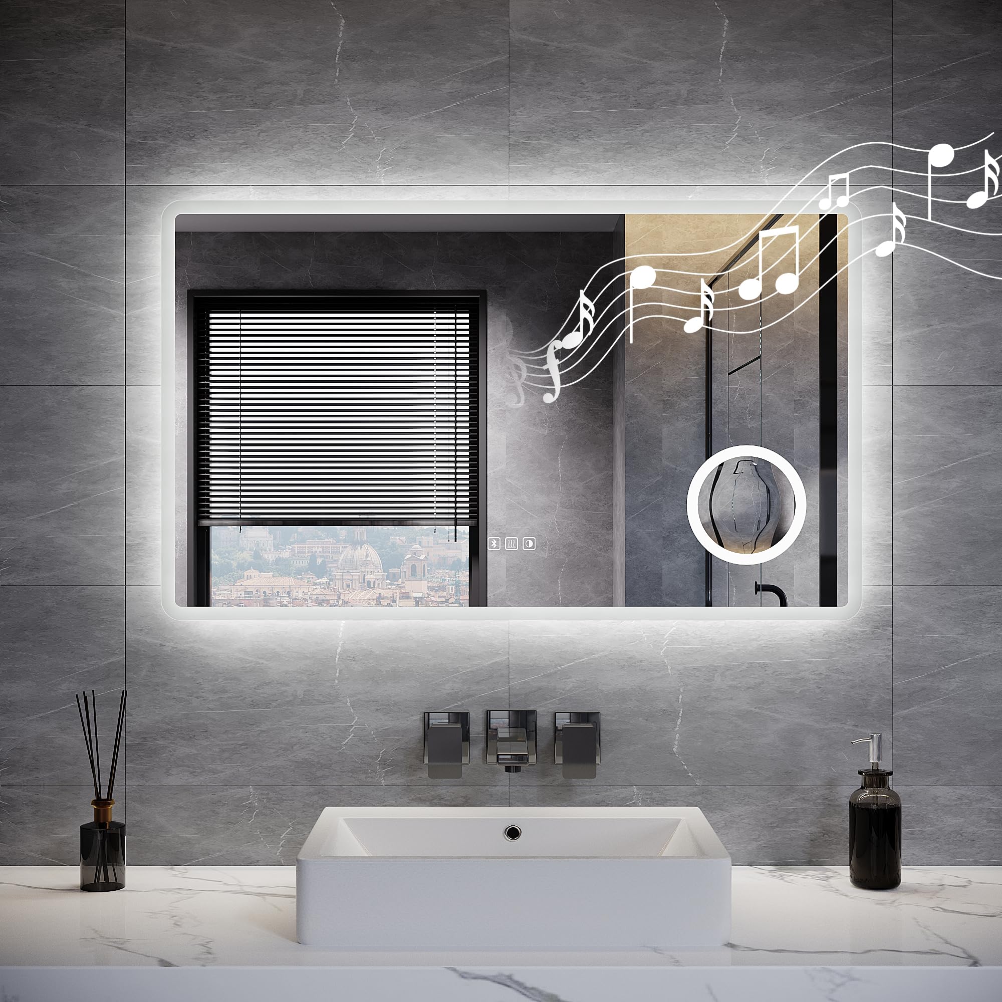 ELEGANT Bluetooth Bathroom Mirror with LED Lights 100x60cm, Backlit Illuminated Wall Mirror with 3x Magnifier, Shaver Socket, 3 Colors Dimmable, Defogging, Touch Switch & Memory Function, IP44