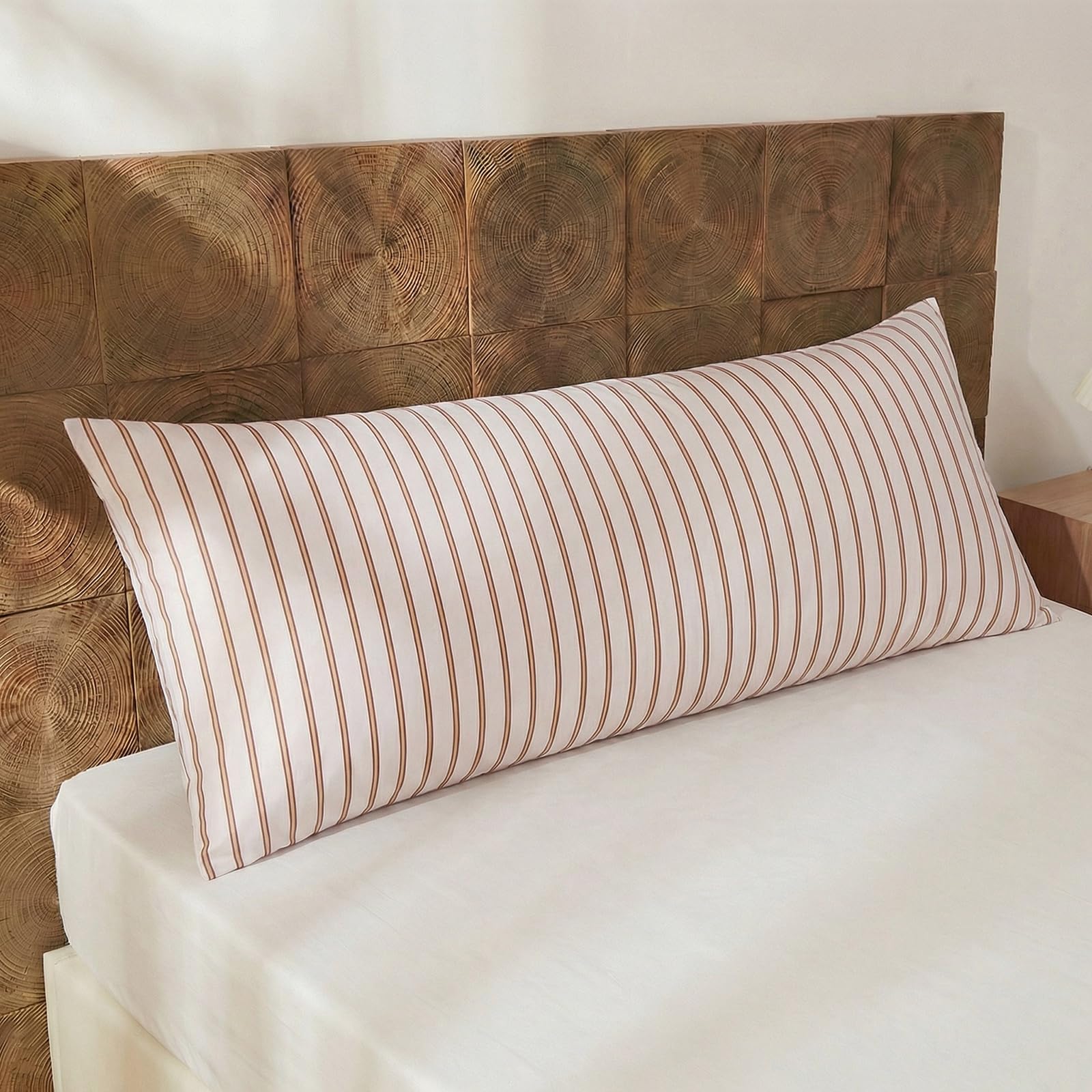 Herside Body Pillowcase, 100% Cotton Body Pillow Cover, Beige Terracotta Striped Pillowcase, Soft Breathable Engineered Stripes Pillow Cover
