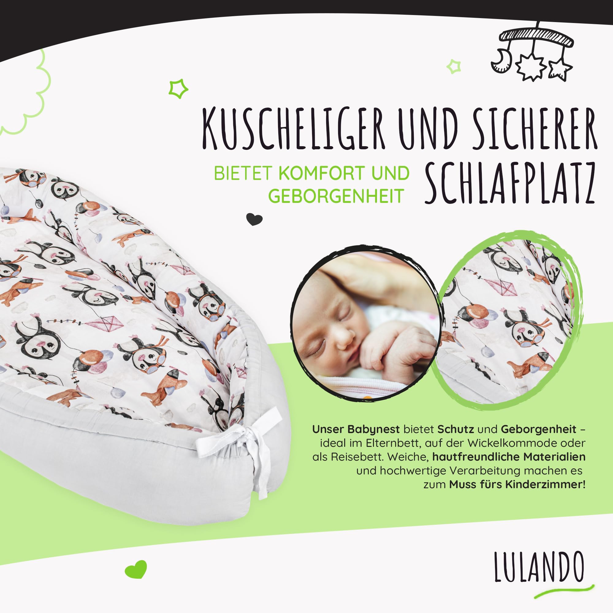 LULANDO® Babynest - Standard 100 von Oeko-Tex - multifunktionales Kuschelnest für Babys und Säuglinge - Nestchen - Reisebett - 100% Baumwolle - antiallergisch - hergestellt in der EU