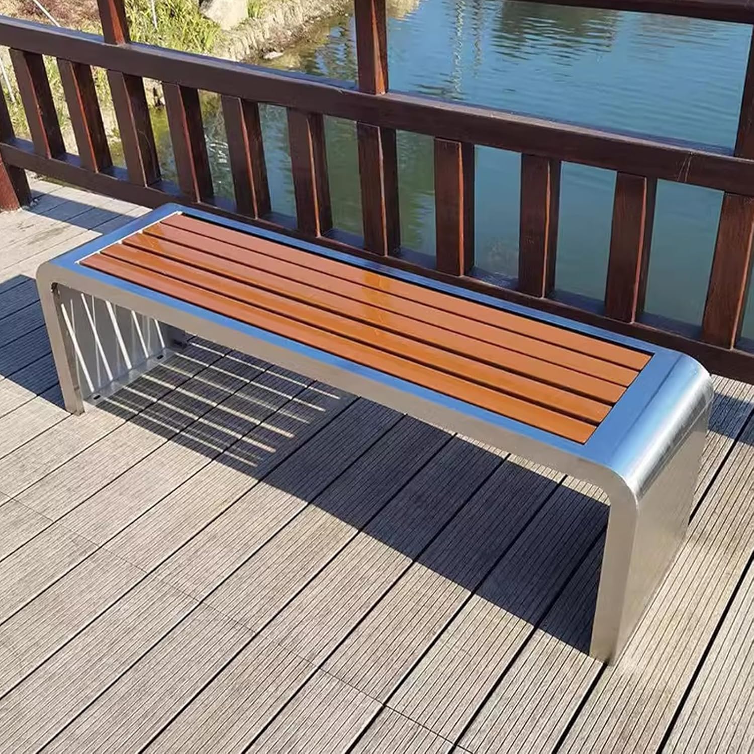 Outdoor Bench with Wooden seat and Stainless Steel Legs, Capable of Supporting 1000kg, Suitable for Stations, Parks, courtyards, and Streets Yellow - Loop-Shaped 150cm