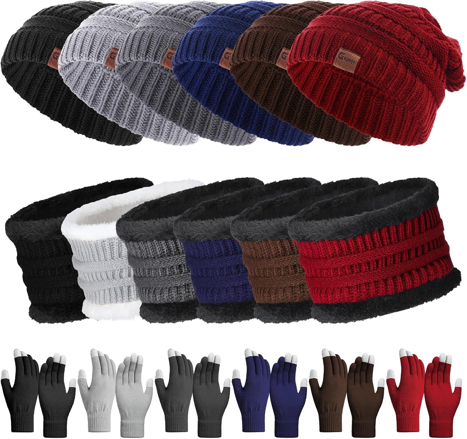 Geyoga 18 Pcs Winter Hat Scarf Gloves Set for Men Women Fleece Knit Beanie Warm Lined Neck Warmer Touchscreen Gloves Set