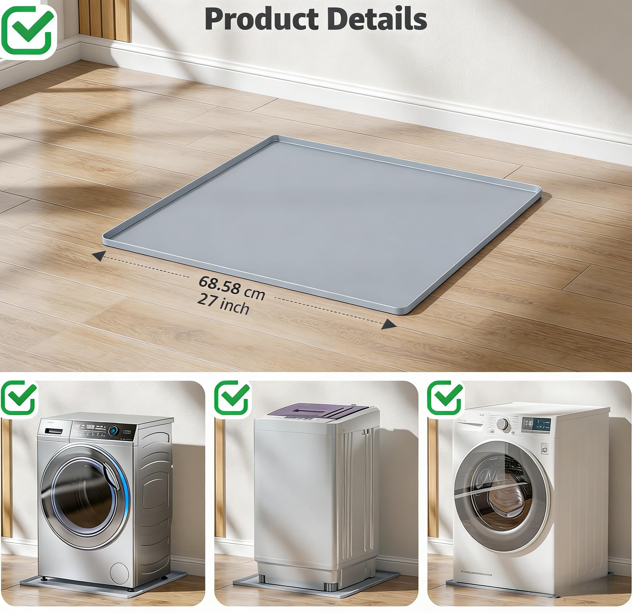 Silikonmatte für Waschmaschine, 68,6 x 68,6 cm, mit erhöhten Kanten, waschbare Oberseite, rutschfester Boden-Leckschutz, flexible weiche Pads für Waschküche und Küche (grau)