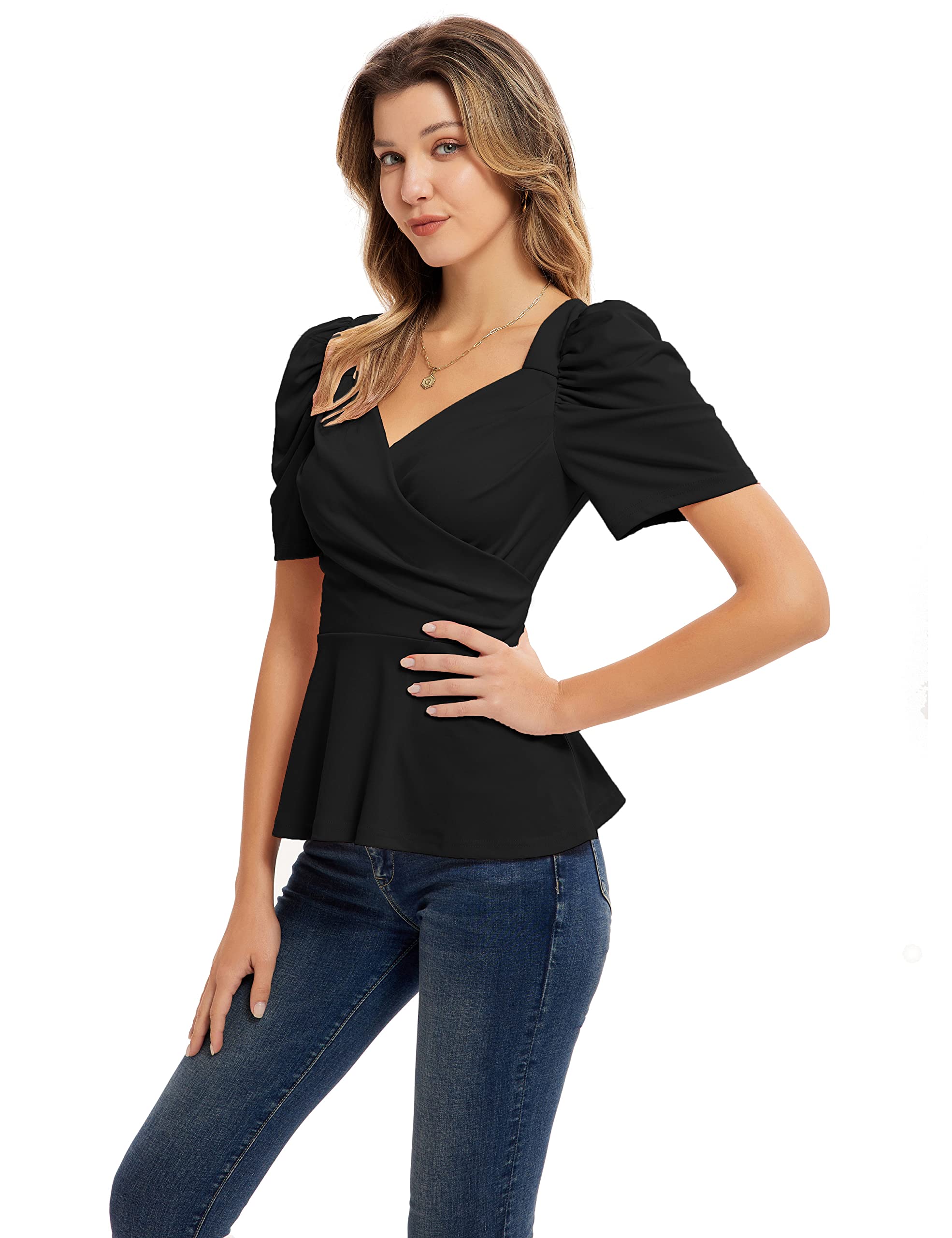 Grace Karin Haut péplum à Manches Courtes et col en V pour Femme, Noir, XX-Large