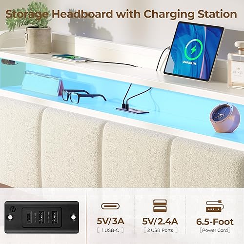 Miniatura 51 de Rolanstar Base de cama tamaño individual con estación de carga y luces LED, cabecera de piel sintética con estantes de almacenamiento, listones de
