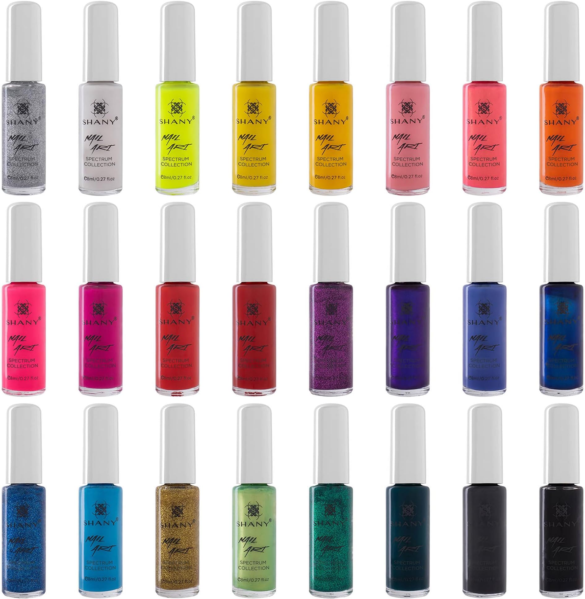SHANY Nail Art Set Nail Polish - Glitter, Metallic, Pearls, Neon and Matte Nail Varnish NailArt Drawing Decoration Set With Built-in Thin Nail Brush - 24 Spectrum Colors