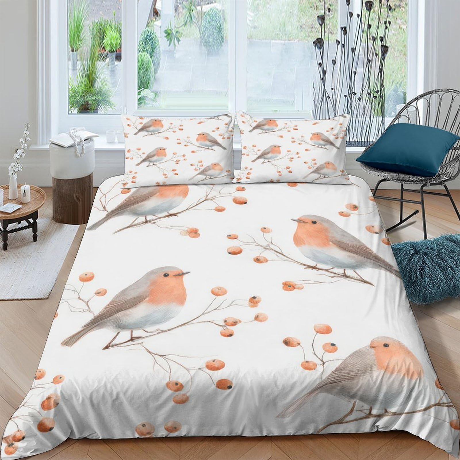 Ctjqhvkz Style-10 3D Printed Robin Bird Fitted Sheet Microfiber Soft Orange Blossom Mattress Cover Bedroom Guest Room Decor Single（135X200cm）