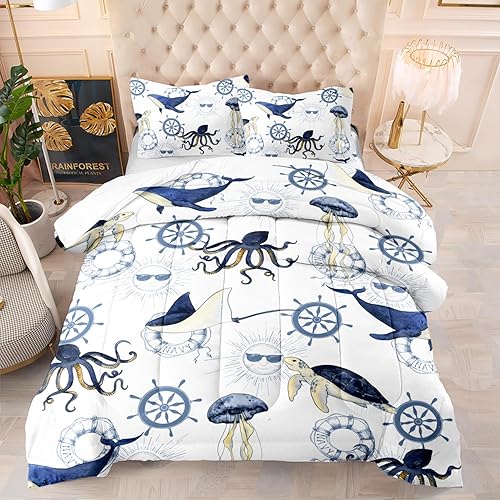 Miniatura 3 de CVHOUSE Juego de edredón costero tamaño Queen, juego de ropa de cama con temática náutica azul para niños, juego de edredón de ancla oceánica, juego