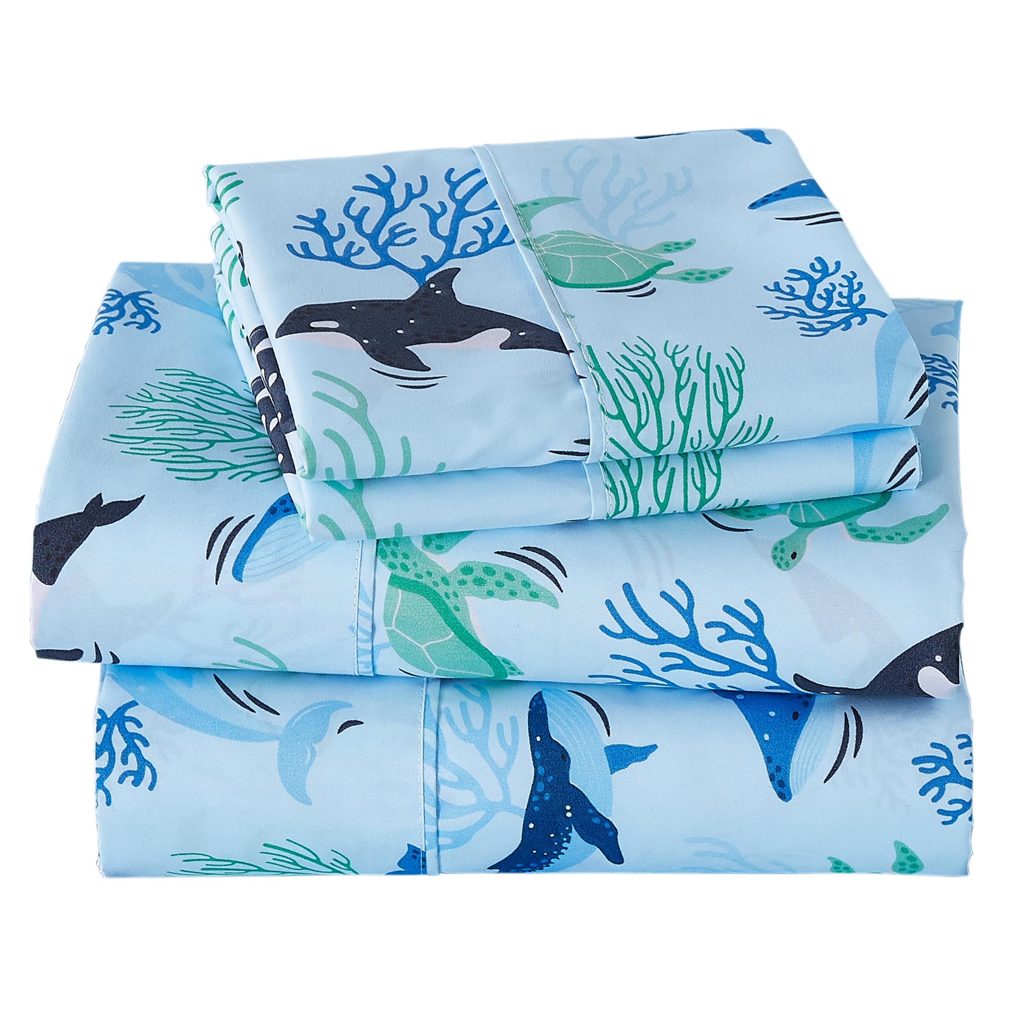 Viviland 4 Pieces Boys Blue Ocean Full Sheet Set - Soft Microfiber Fitted Flat Sheets & Pillowcases - Blue Ocean Whales, Sea Turtles, Marine Organisms Bedding Sets - for Kids & Toddlers