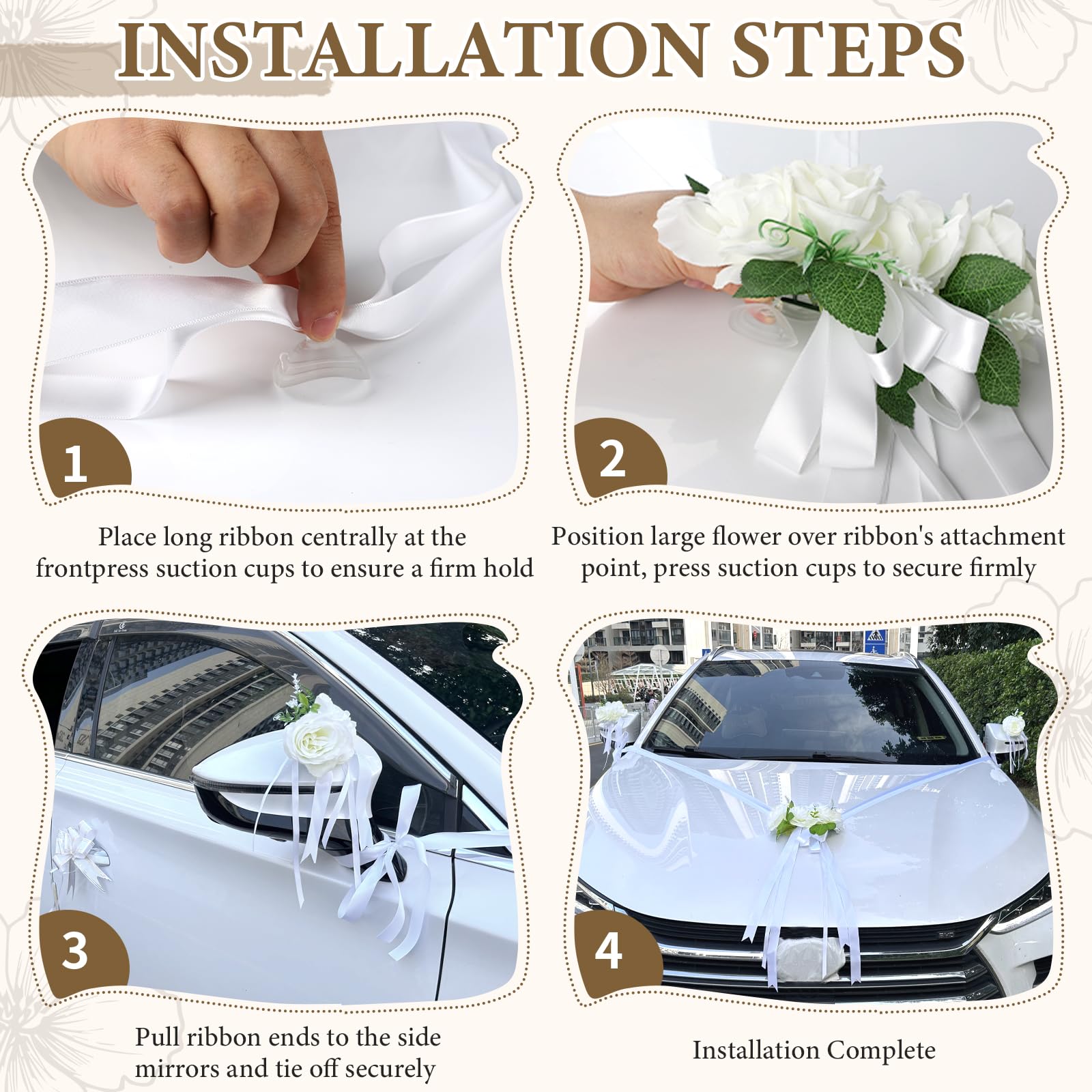 Decorazione Floreale Auto Matrimonio, Set Cofano Bianco con 3 Rose, Ventose, 2 x 4,4 m di Nastri, 4 Fiocchi e 1 Nastro Adesivo, Addobbi per Macchina da Sposa e Festa