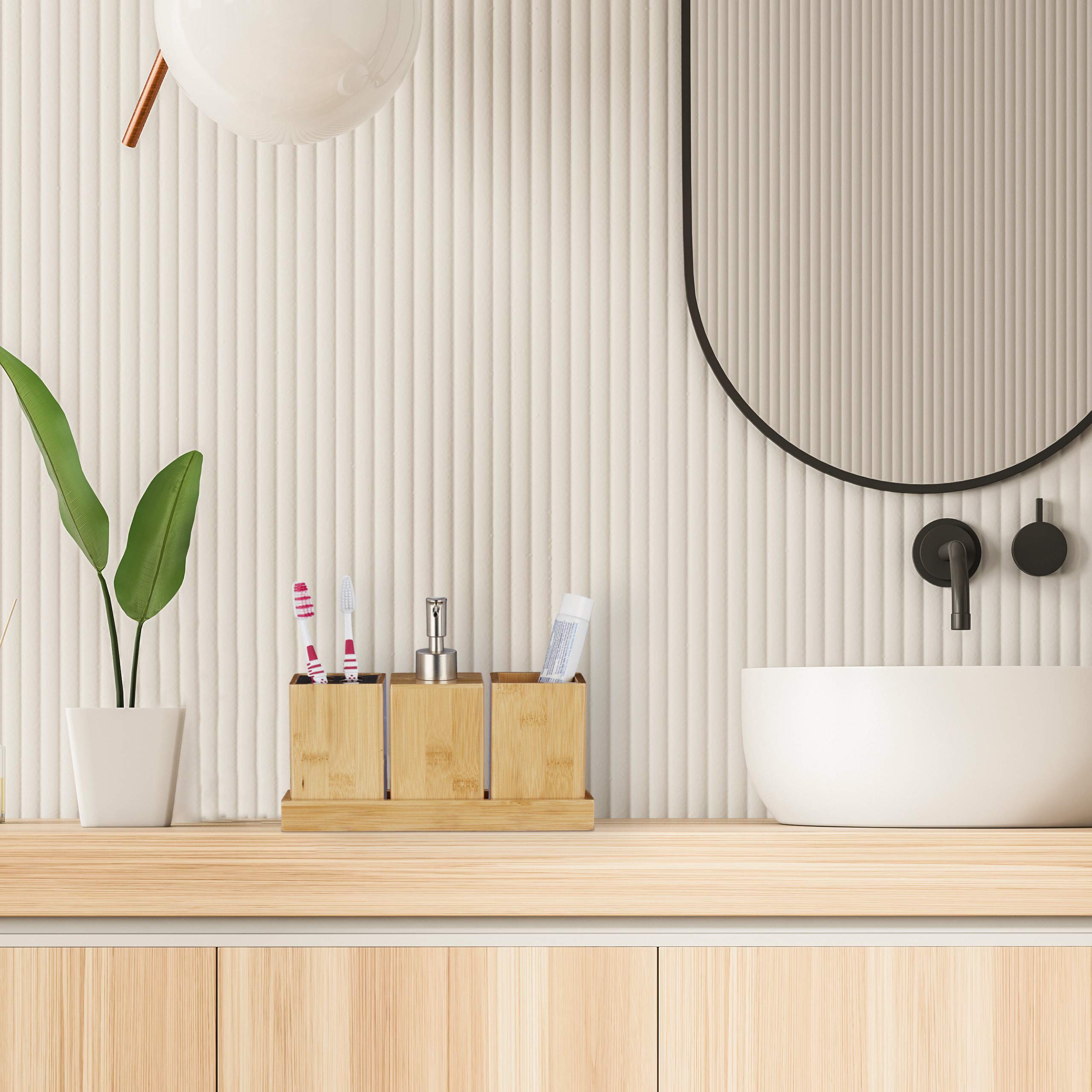 Relaxdays Set Bagno, Confezione 4 Accessori in bambù, Portaspazzolino, Porta Dentifricio, Portasapone & Vassoio,Naturale