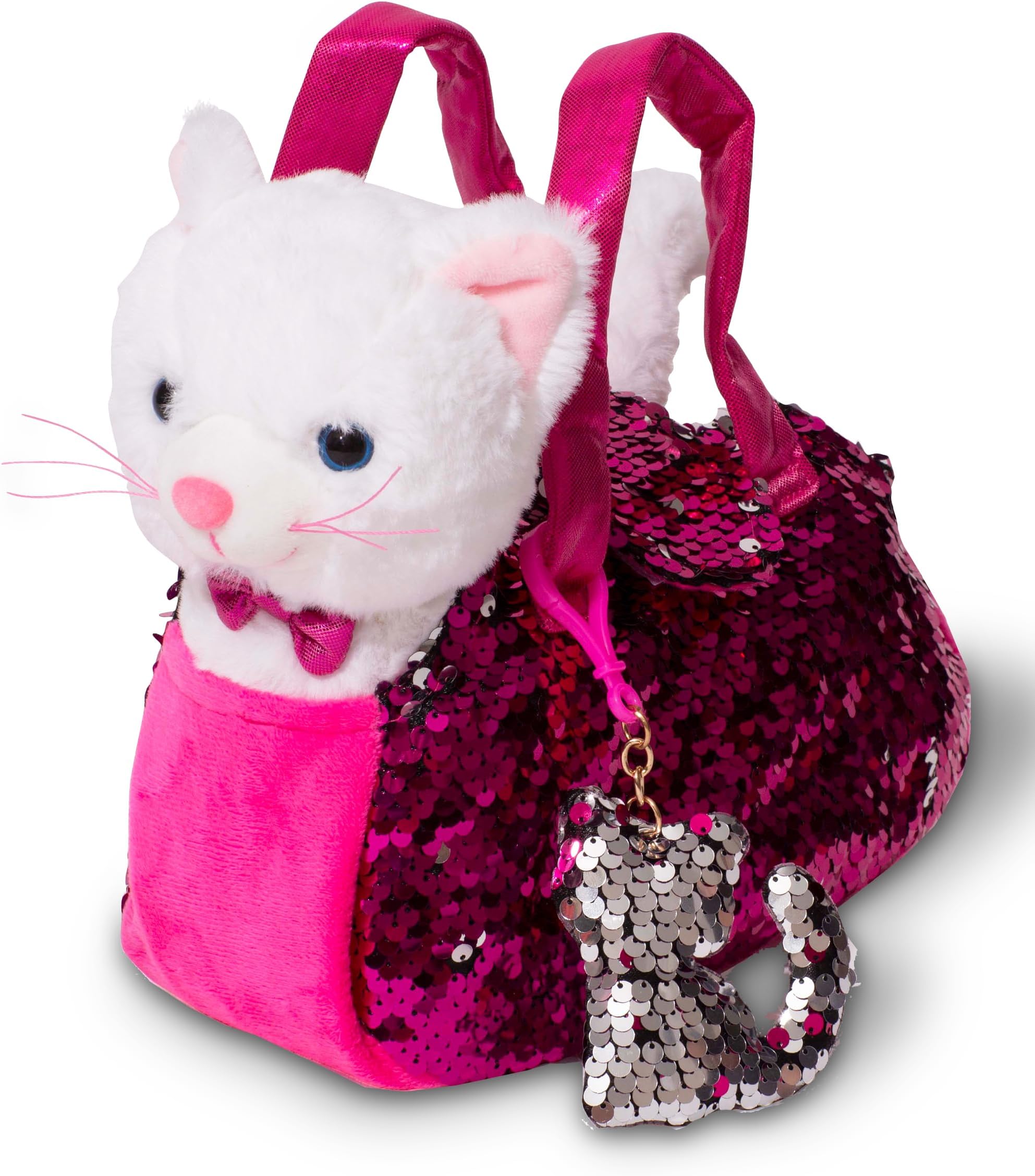 Little Jupiter Plush Pet Set with Purse - Stuffed Cat Plush Pet Carrier Set w/Reversible Sequins & Charm - (White Cat)