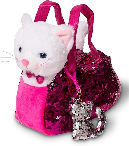 Juego de transportador de mascotas de peluche para gatos con bolso rosa con lentejuelas reversibles y dije, animales de peluche para gatos, animales