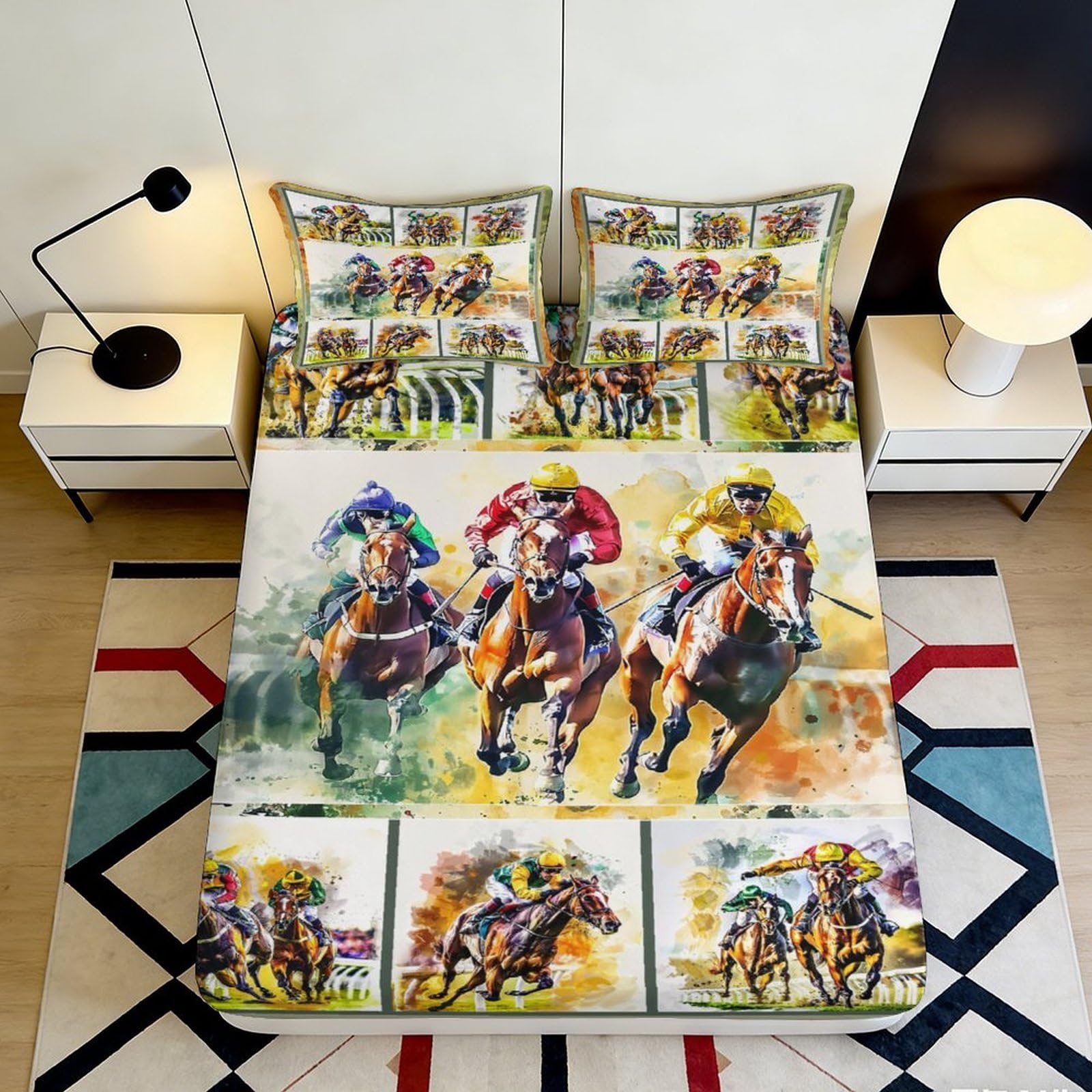 3D Printed Horse Racing Fitted Sheet Microfiber Durable Breathable Equestrian Artwork Bed Cover for Bedroom Dormitory Guest Room Mattress Protection 120x200x25cm