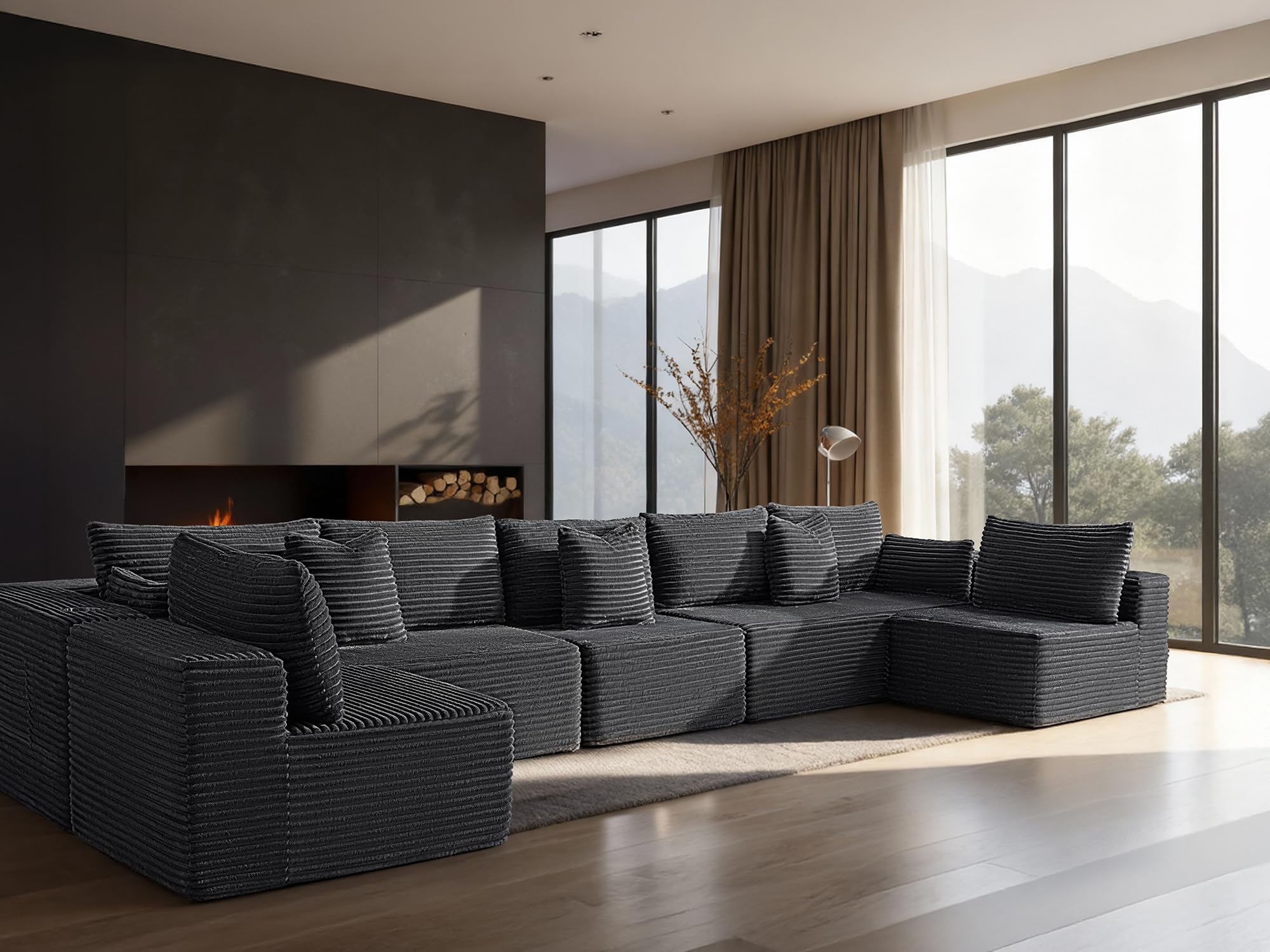 168" Cloud Sectional Couch, Comfort U Shaped Sofa for Living Room, Extra Deep Seats No Assembly, Minimalist Modular Couch, Corduroy (Dark Grey, 7 Seats,U-Shape B)