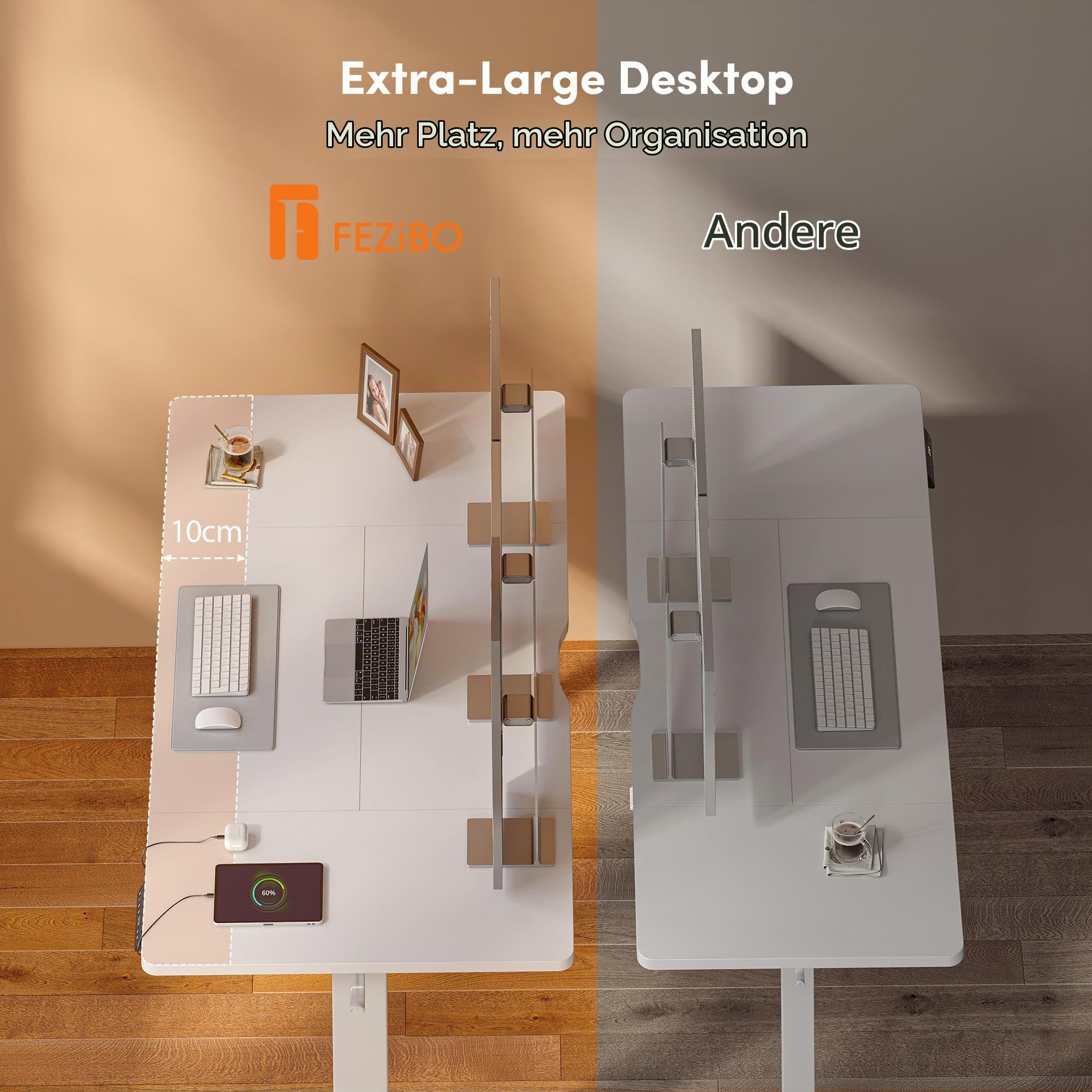 FEZIBO Höhenverstellbarer Schreibtisch mit USB-A und USB-C Ladeanschluss, 140 x 70 cm Schreibtisch Höhenverstellbar Elektrisch, Steh-Sitz Tisch, Standing Desk, Weiß