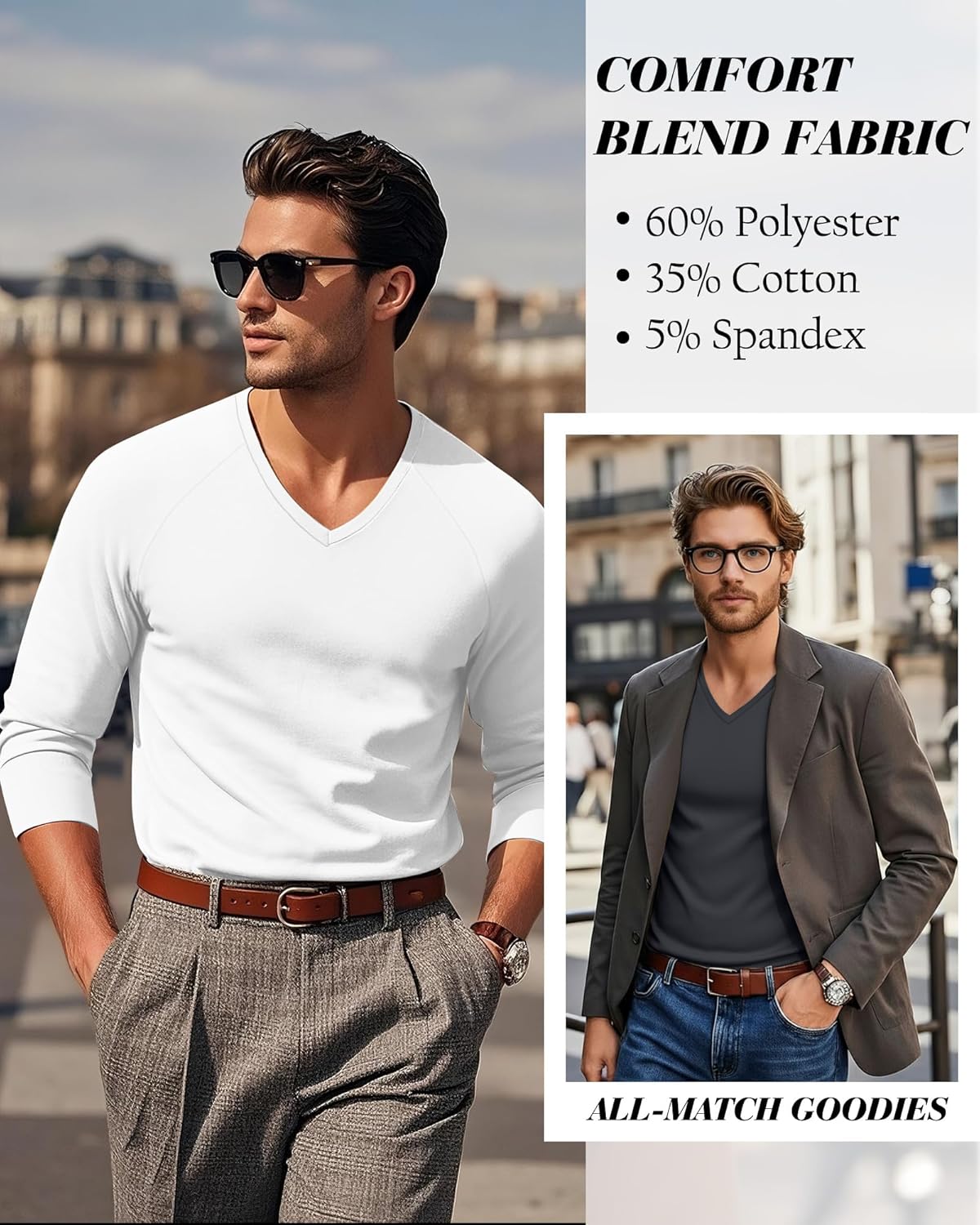 5 Pack Men's Long Sleeves Shirts V Neck Raglan Curved Hem Plain Basic Tee Fall Tops Multipack - Image 4