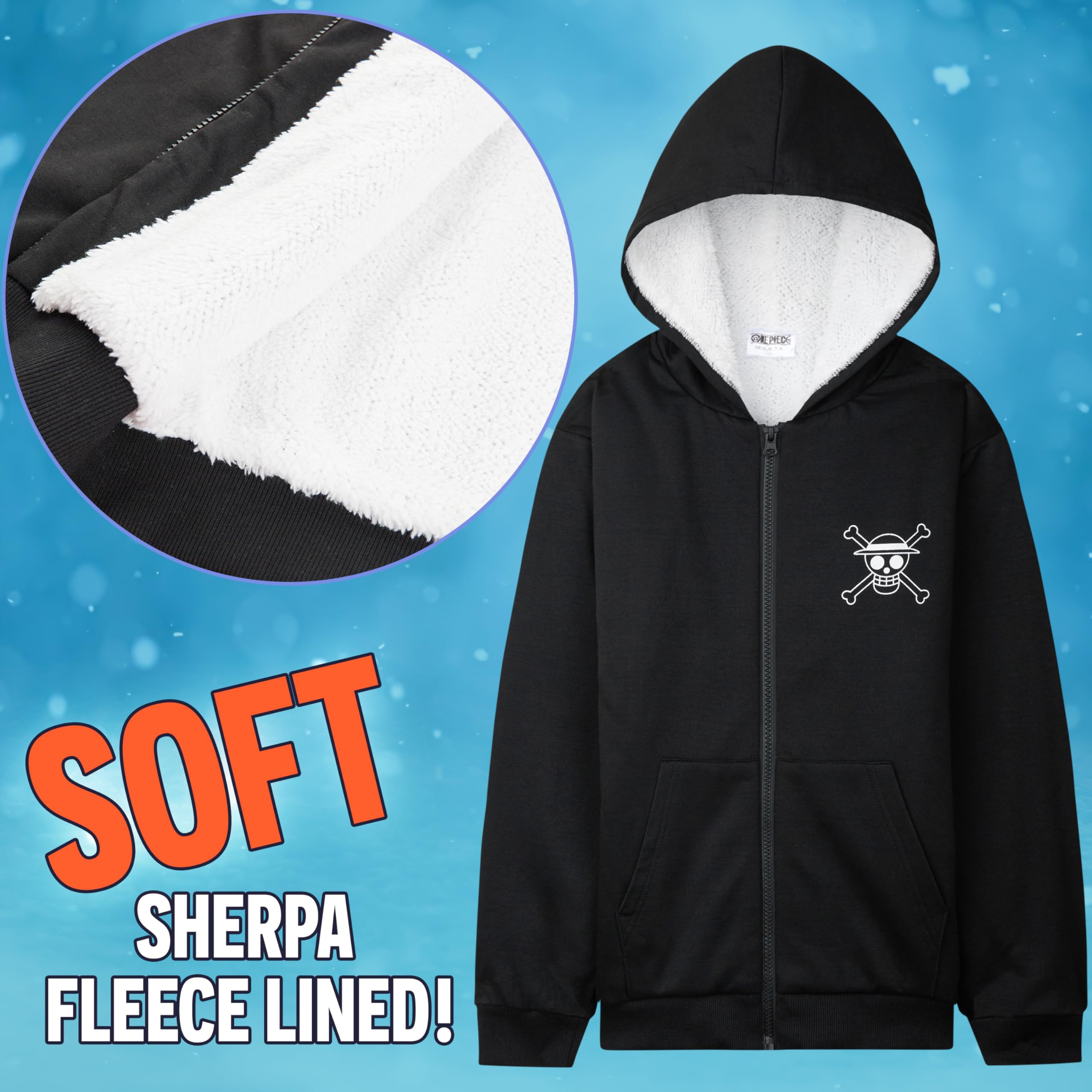 One Piece Sweat à Capuche Enfant et Ado 9-16 Ans, Sweat Zippé Sherpa Polaire Chaud Noir, Hoodie Manga Cosy Cadeau Garçon