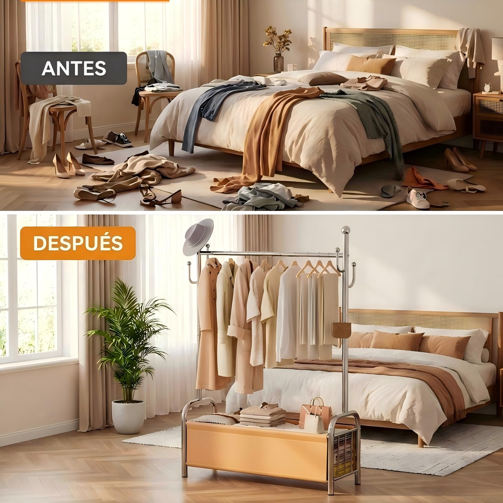 Burro Ropa Resistente de Acero Inoxidable con Cesta de Almacenaje, Perchero Burro Estable, Perchero de Pie, Barra para Ropa Robusta, 3 en 1 Tendedero y Organizador