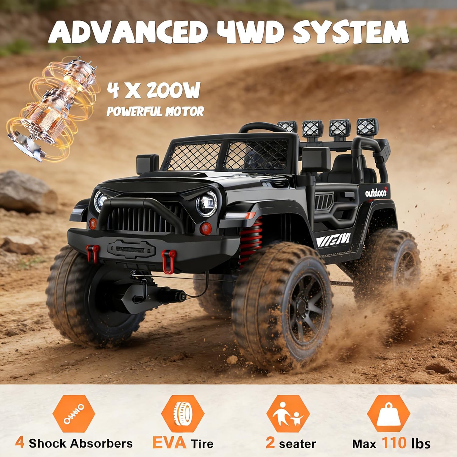 ANPABO 24V Ride-On Toy for Big Kids – 2-Seater, 4x200W Motors, EVA Tires, Remote Control, 4 Shock Absorbers, Bluetooth, Electric Ride-On Car for Kids Ages 3–8
