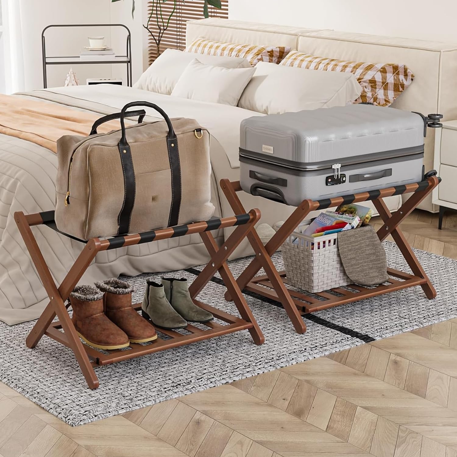 Luggage Racks Set of 2, Fully Assembled Suitcase Stand with Shoe Shelf, Foldable Bamboo Luggage Rack for Guest Room, Bedroom, Hotel, Walnut