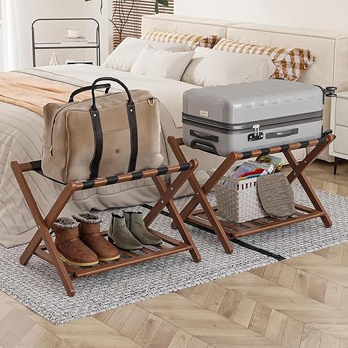 Miniatura 20 de Portaequipajes de bambú nogal completamente ensamblado con estante para zapatos, soporte plegable para maletas con 5 correas de alta resistencia,