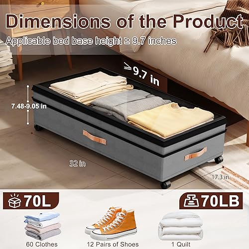 Miniatura 2 de Almacenamiento debajo de la cama con ruedas, paquete de 2 contenedores grandes de almacenamiento debajo de la cama con tapa transparente y etiqueta