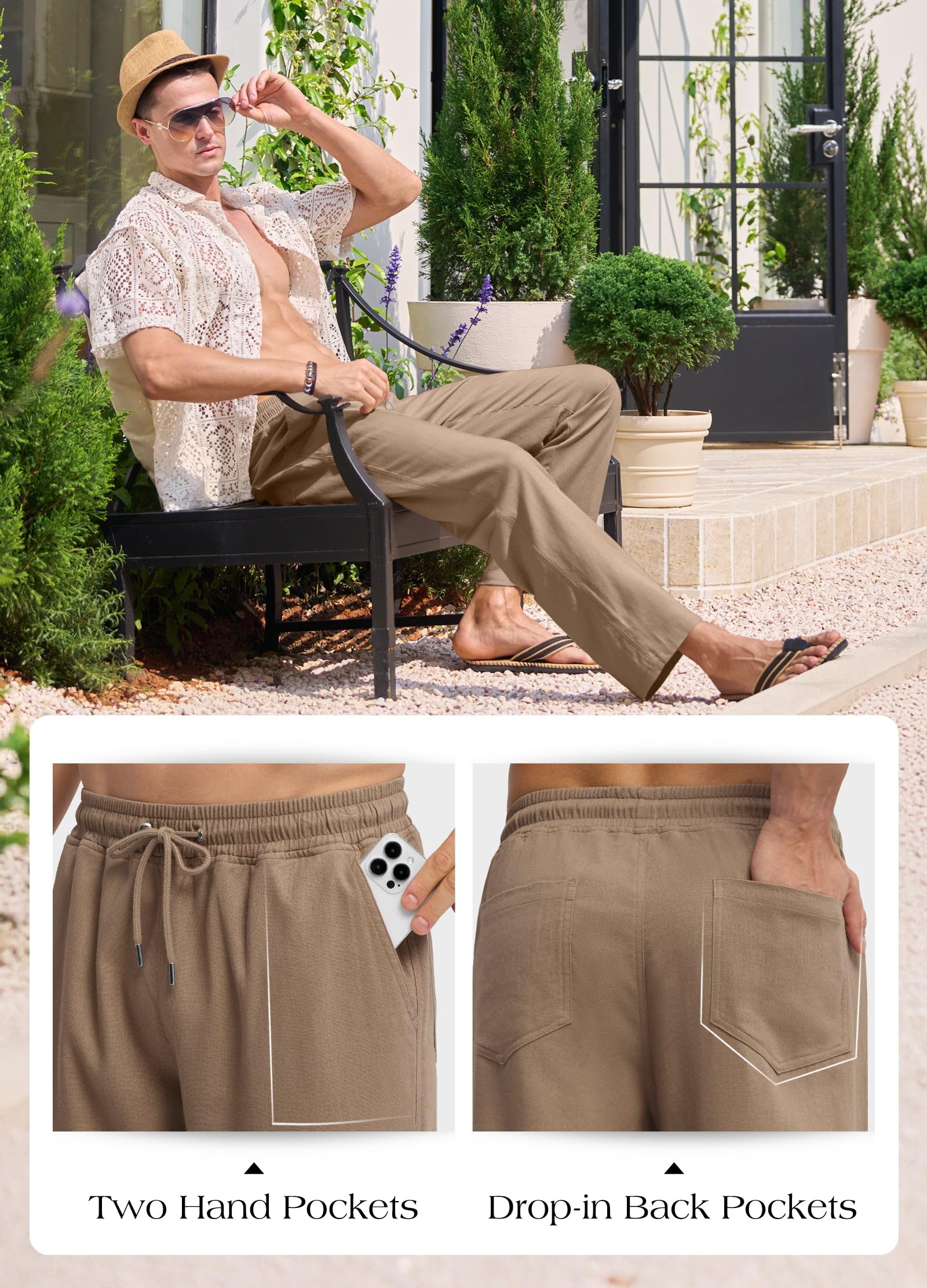 Willit Pantaloni da uomo in lino, casual, da spiaggia, estivi, con coulisse, leggeri, per yoga, pantaloni in lino, 71,1 cm, 76,2 cm
