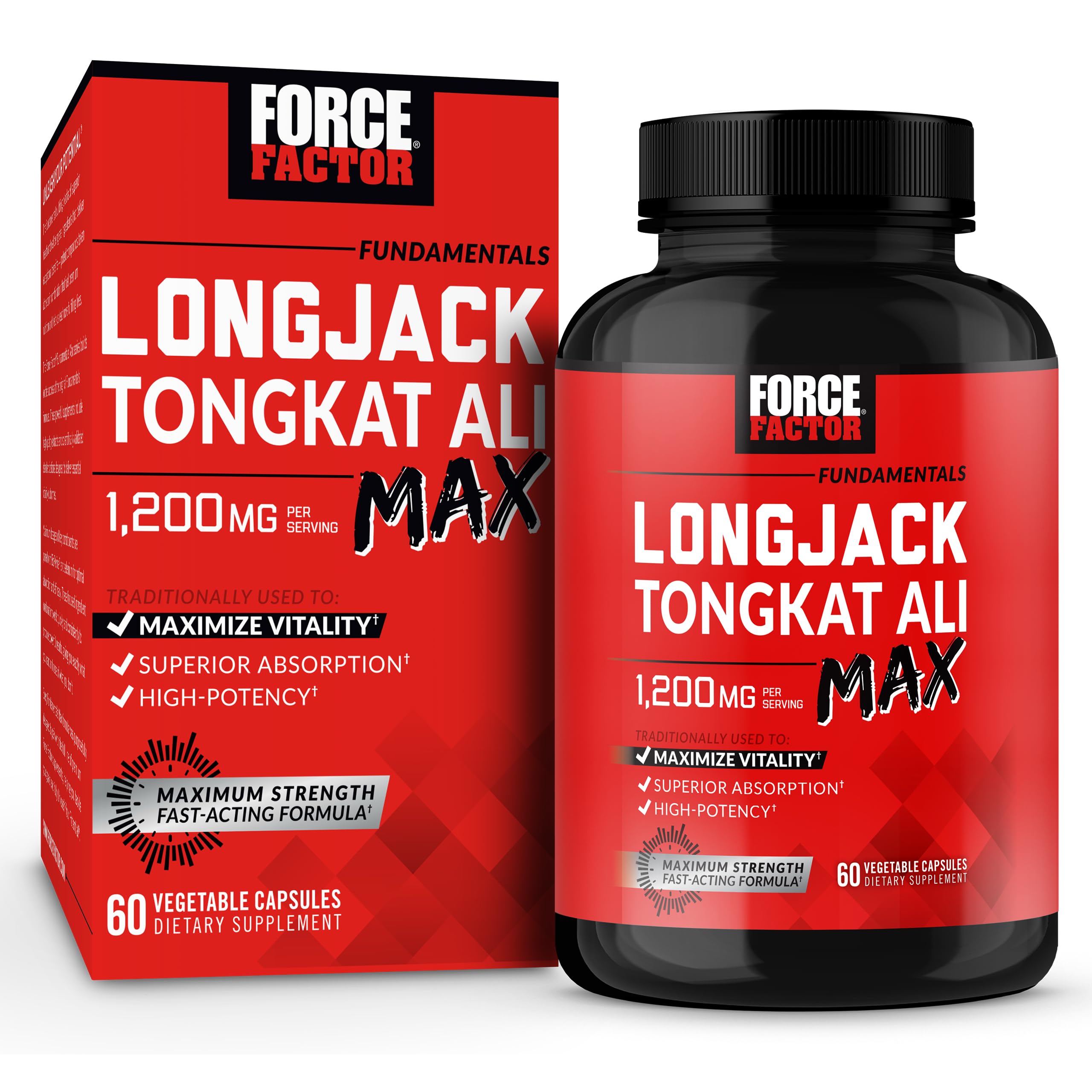 Force Factor Longjack Tongkat Ali Max for Men, Male Stamina and Vitality Supplement Made with Tongkat Ali Extract and Key Natural Ingredients for Superior Absorption, 1200mg, 60 Capsules