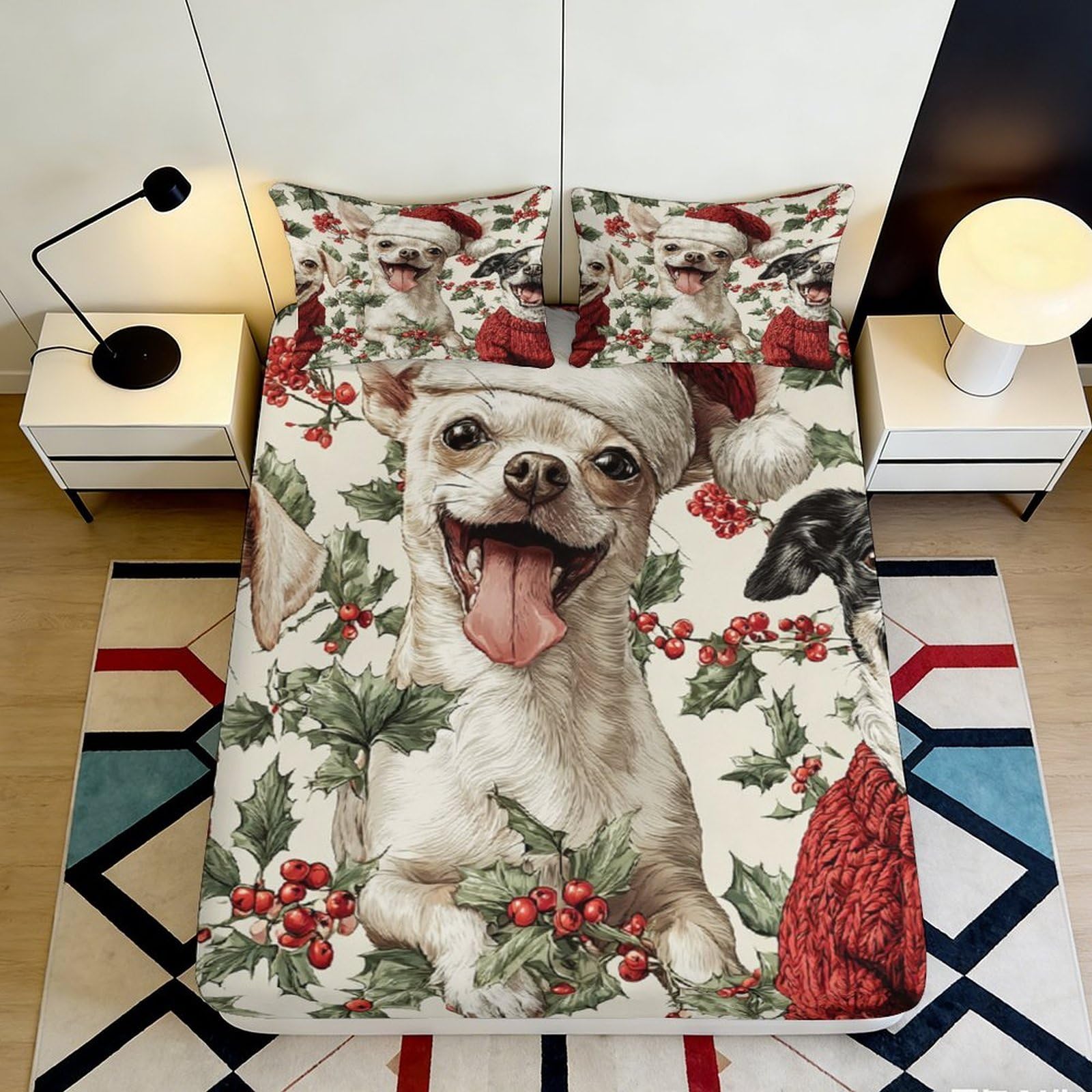 Pnayamiorkfel Style-2 3D Printed Christmas Dog Fitted Sheet Microfiber Festive Chihuahua Mattress Cover Anti-Slip Washable Bed Decor For Bedroom Guest Room 90X200x25cm