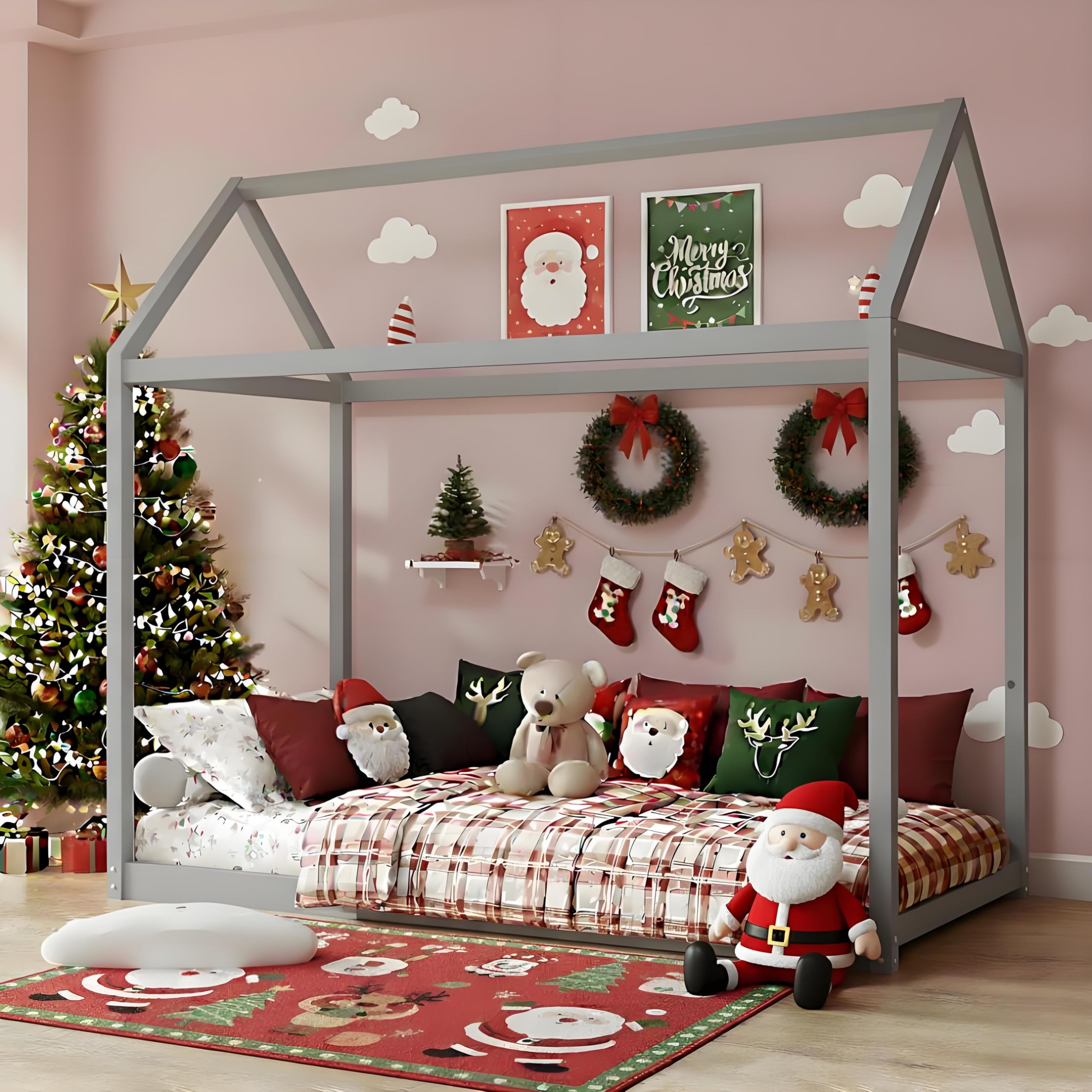 Twin Size House Floor Bed in Grey, Montessori Wood Bed Frame with Slats for Kids, Low to Ground No Box Spring Needed, Easy to Assemble for Boys & Girls