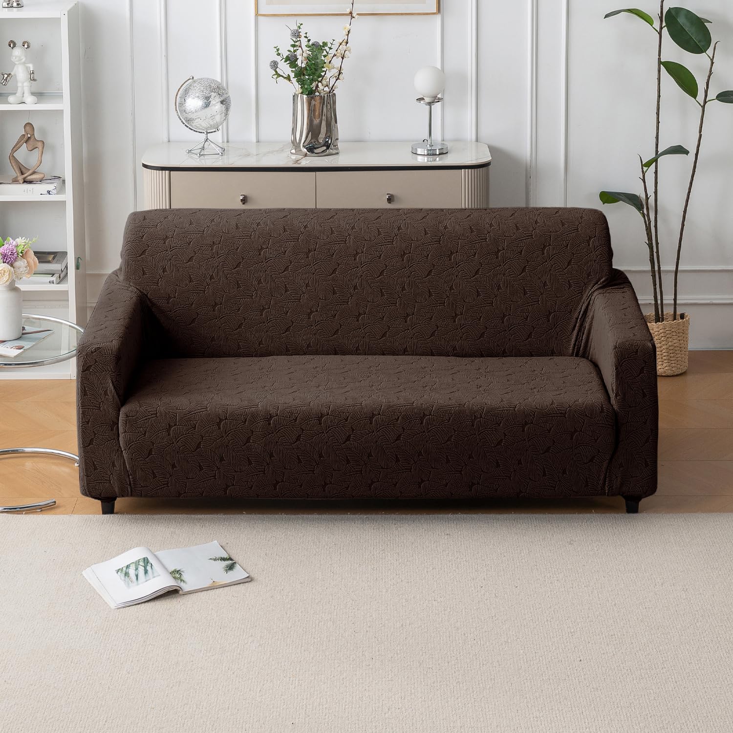 Universal Jacquard Fabric Sofa Cover – Soft, Stretchable Couch Slipcover, Flexible Fit, Wrinkle-Resistant & Easy to Clean (Brown, Three Seater)