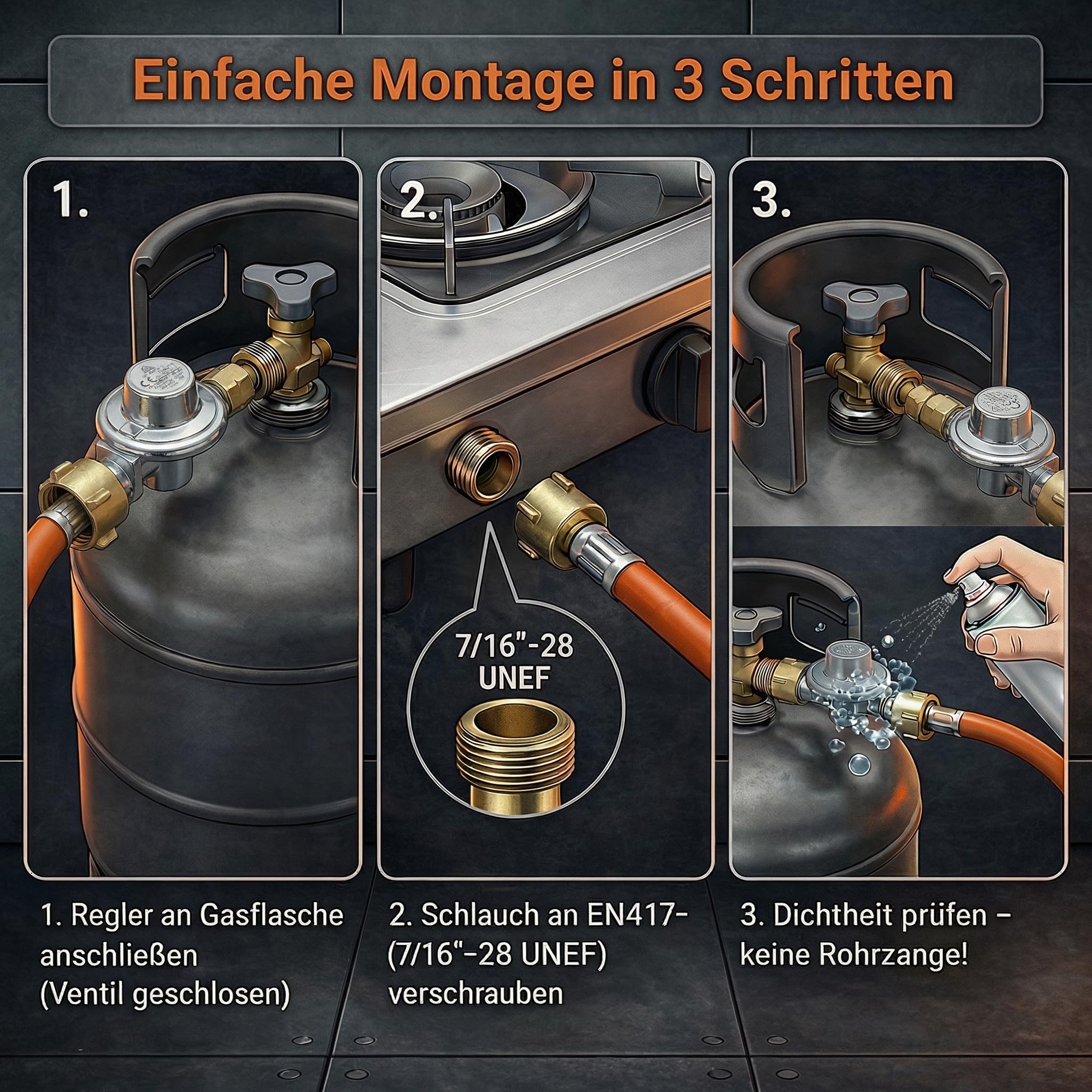 EN417 Adapter-Schlauch auf Gasflasche mit Gasdruckregler, Umrüstschlauch für Schraubkartuschen-Geräte, 1 m, 7/16-28 UNEF auf 3/8 LH, 1,5 bar 8 kg/h, Schlauch EN 16436-1, inkl. Polybeutel
